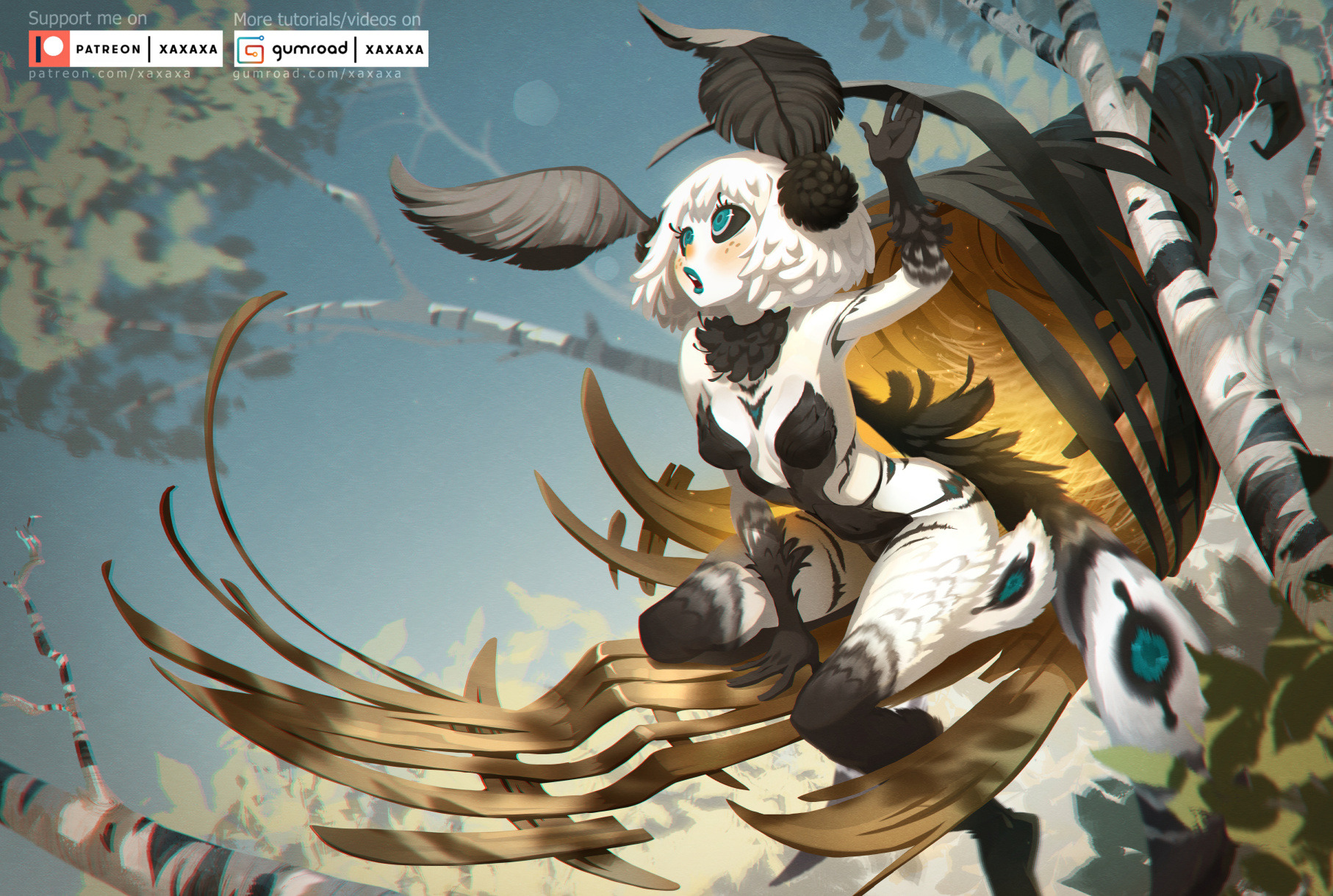 a beautiful white anime girl with black and white feathers flying in the sky. she has a white and black outfit and is looking at something off to the left. she is surrounded by trees and clouds.