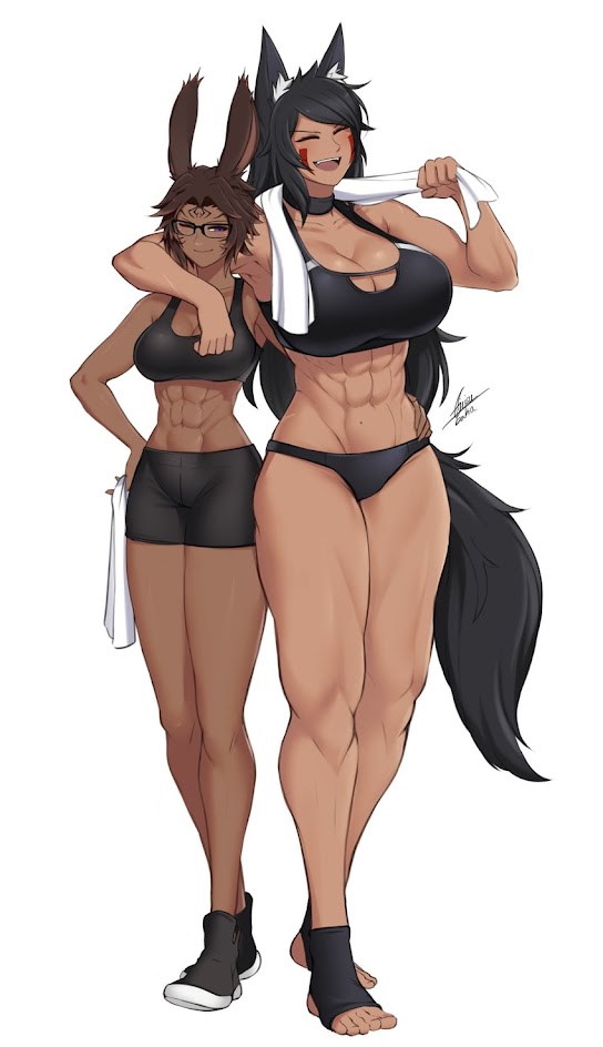 two women, one with rabbit ears and the other with wolf ears, are standing together in athletic wear. they are both smiling and looking happy. the woman with the rabbit ears is wearing shorts and a sports bra, while the woman with the wolf ears is wearing a sports bra and underwear. they are both wearing black socks and shoes. the woman with the wolf ears has a towel draped around her neck. the background is white.