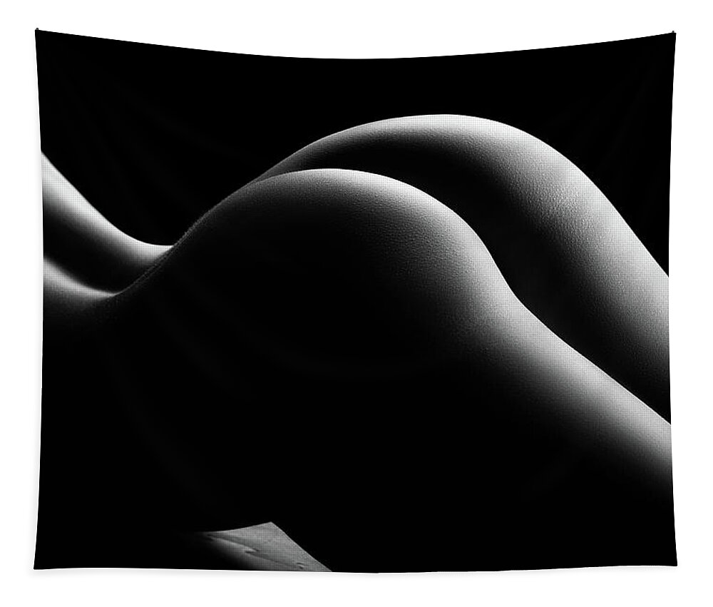 the image is a black and white photograph of a woman's buttocks and hips. the lighting is dramatic, with strong shadows and highlights that emphasize the curves of the body. the overall tone is sensual and artistic. the image is presented as a tapestry or wall hanging.