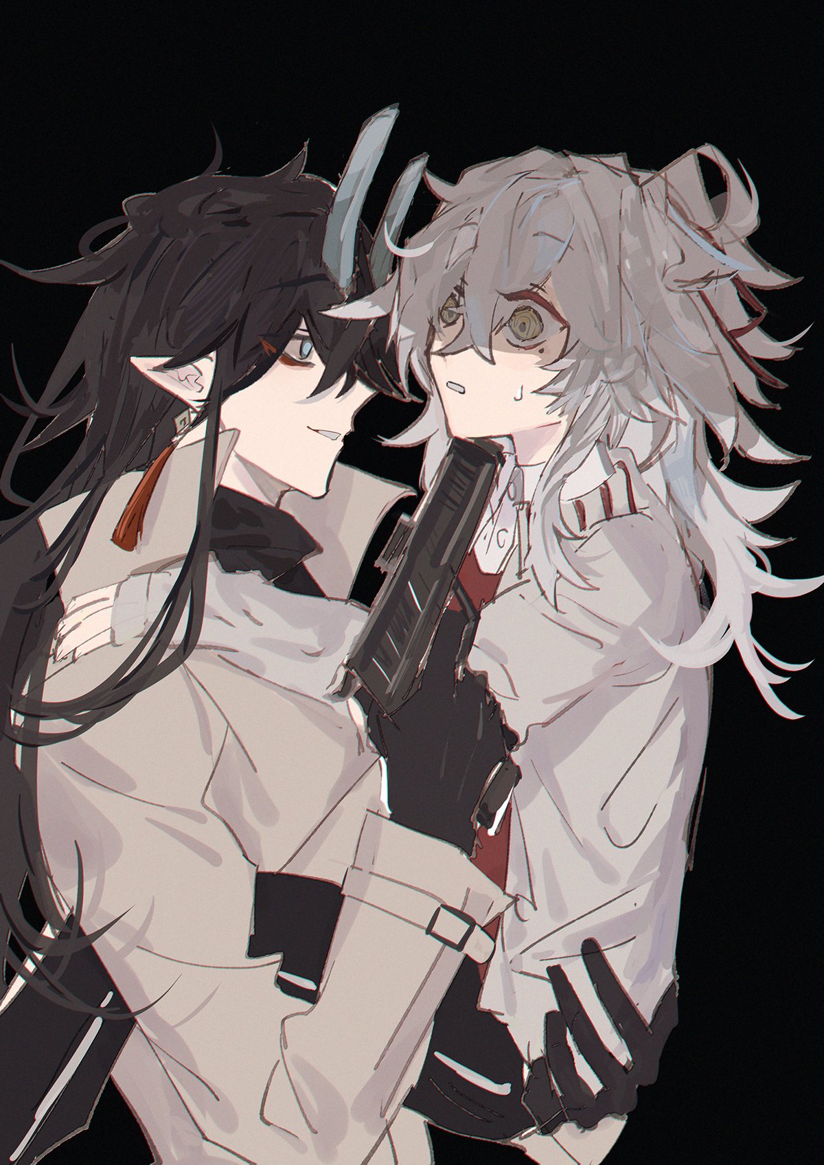 this is a digital illustration of two anime characters, a boy and a girl. the boy has black hair and black eyes, and is wearing a white coat and a black shirt. the girl has white hair and brown eyes, and is wearing a white shirt and a gray jacket. the boy is holding the girl by the hand and is pointing a gun at the viewer. the background is black. the art style is simple and cute.