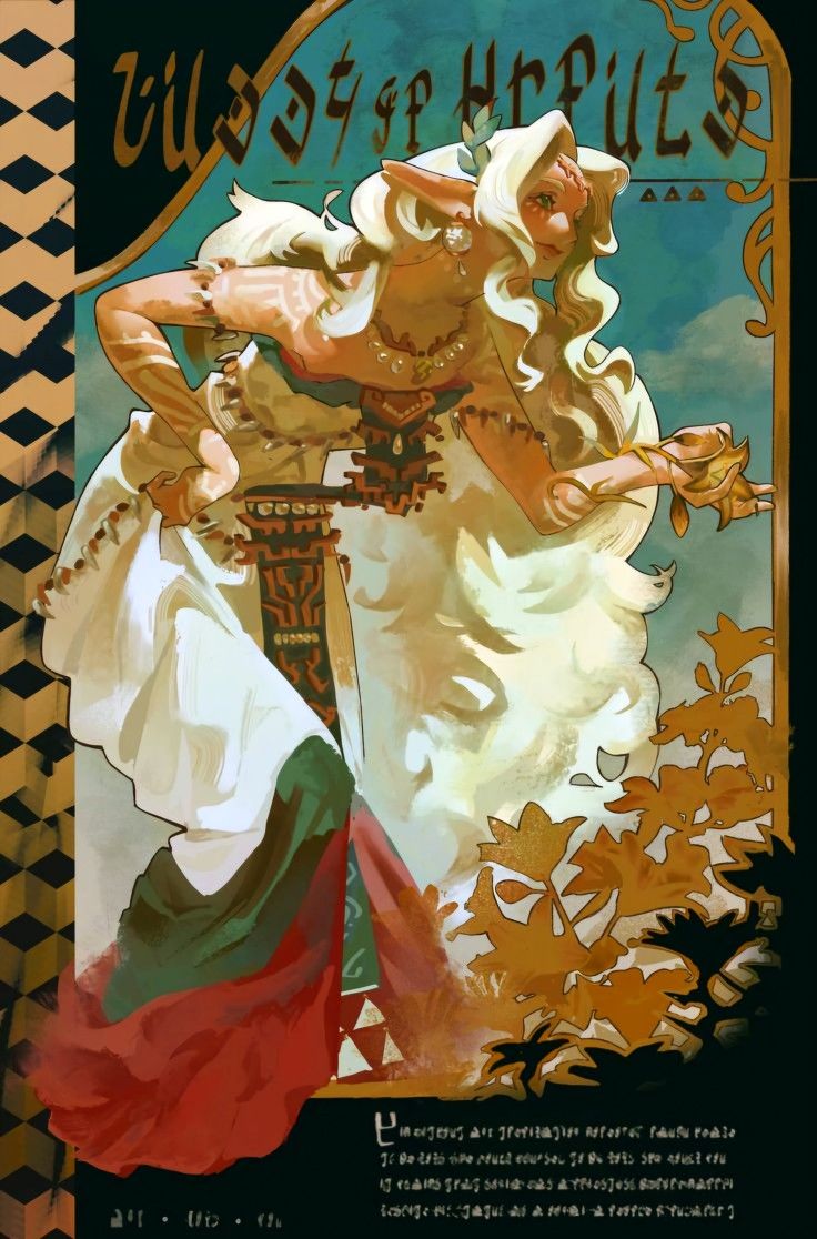 he image is a digital painting in the style of art nouveau.  it depicts a stylized female elflike creature with long blonde hair, wearing elaborate, ornate clothing with gold accents. she holds a small flowerlike object. the background features a teal sky with gold and brown foliage and a decorative border.  the title "tils gg of hfpulε" is prominently displayed in a stylized script at the top.  there is text at the bottom in an unreadable script. the overall style is reminiscent of a vintage poster or advertisement.  the color palette is warm, with golds, teals, reds, and whites dominating the scene. the woman’s expression is serene and somewhat wistful. the artwork combines fantasy elements with art nouveau aesthetics creating a unique and visually appealing piece.