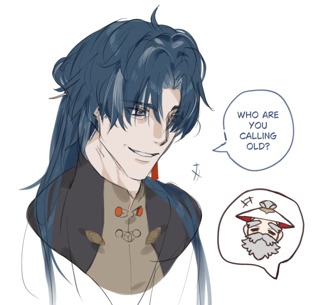 an anime style digital art illustration of a young man with long blue hair in a white shirt, smiling, looking down at an old man's head in a thought bubble, saying "who are you calling old?" with a smirk on his face.