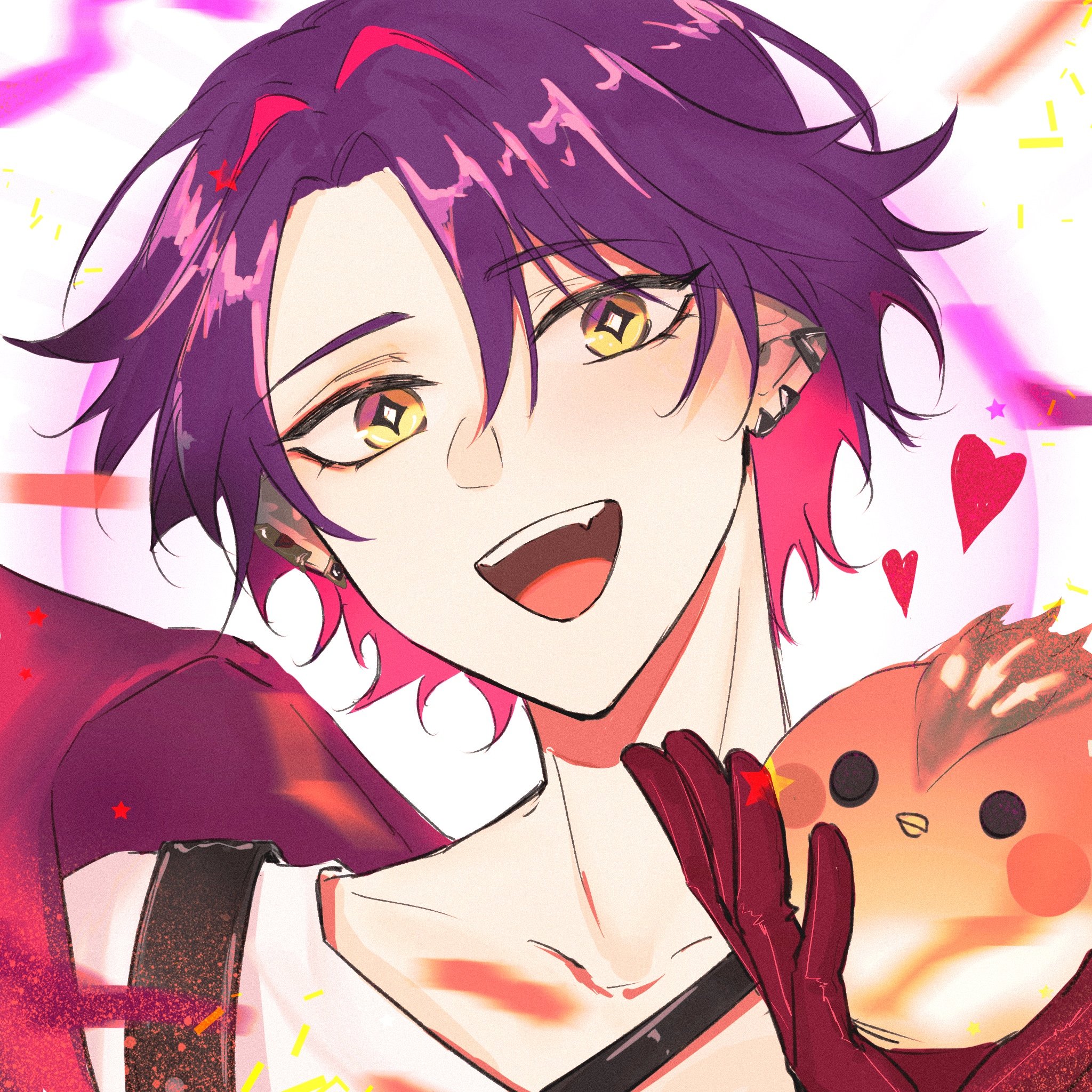 this is a colorful anime style illustration of a young man. he has purple hair and red eyes, and he is smiling brightly, looking very happy.  he has a cute little cartoon bird in his hands and he is surrounded by hearts and other colorful abstract shapes. the image is a very bright and cheerful one.