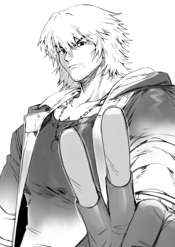 a black and white illustration of a male anime character. the man has long white hair, a jacket over a black shirt, and a necklace.  he appears to be holding a weapon in his hand. the man has a serious expression on his face.