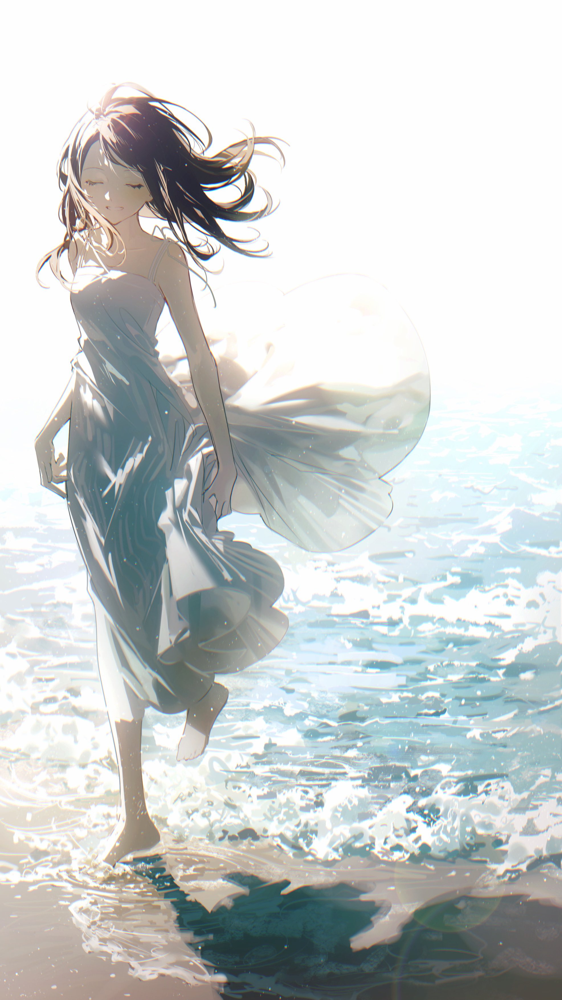 the image depicts an animestyle girl with long brown hair, wearing a flowing lightblue dress, walking along a beach. the ocean waves are gently lapping at her feet. the overall atmosphere is serene and peaceful, with a bright, sunny feel. the art style is highly artistic, with soft colors and a painterly quality.  the girl appears calm and content, almost dreamlike.