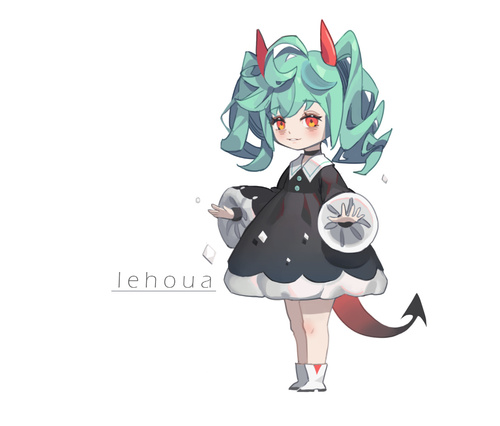 an anime girl with green hair and red horns is wearing a black dress with white collar, white sleeves, white trim, black bow, and white shoes. she has red eyes and a red tail. the girl is looking to the left of the frame and her hand is extended to the side. the word "lehoua" is written in black font on the left side of the frame.