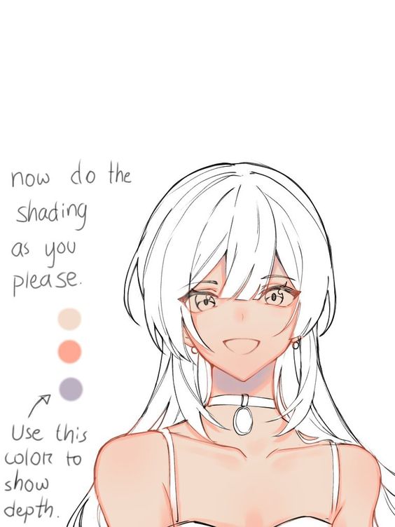 the image is an animestyle line art drawing of a girl with long, white hair. it appears to be part of a tutorial, as indicated by the text on the left side, which instructs the viewer to "now do the shading as you please" and "use this color to show depth." a palette of five skin tones is provided for reference. the girl is depicted from the shoulders up, facing forward, and has a cheerful expression. she is wearing a simple, sleeveless dress and a choker.