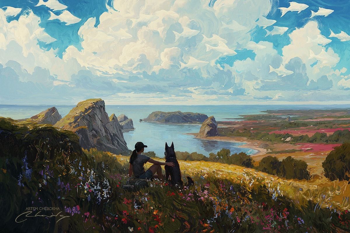the image shows a young woman and her dog sitting on a grassy hilltop, overlooking a breathtaking vista of a serene bay.  the scene is bathed in warm, natural sunlight, highlighting the lush greenery of the meadow and the vibrant hues of the wildflowers. the composition emphasizes the vastness of the landscape, with rolling hills framing the tranquil waters of the bay. the dog sits attentively beside the woman, both gazing out at the captivating view, their figures silhouetted against the expansive sky.