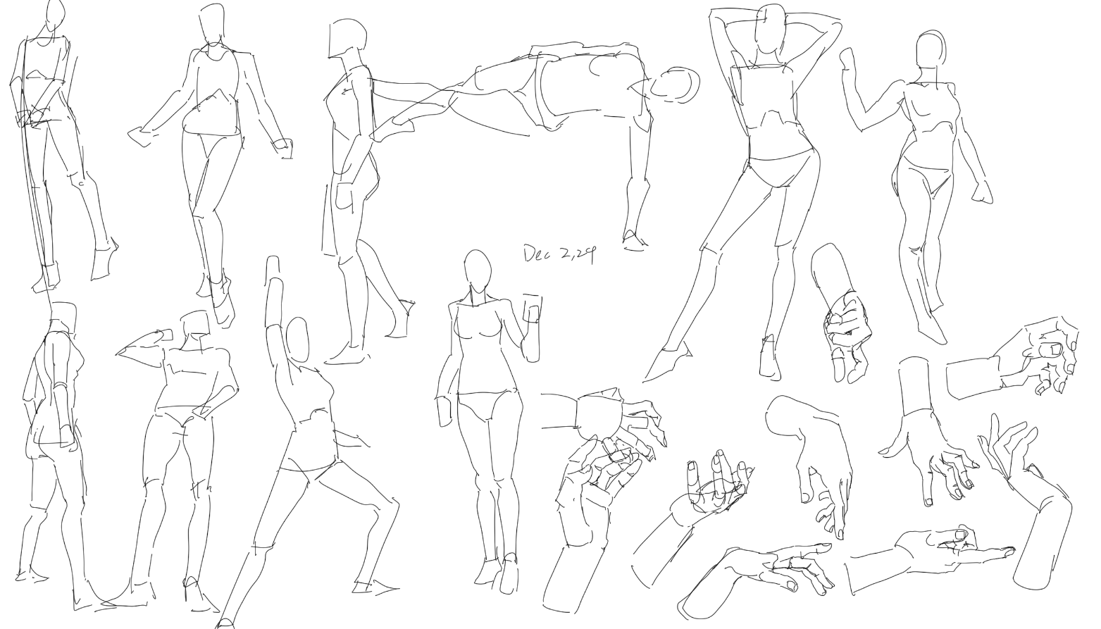 the image contains a collection of quick, expressive line drawings of female figures in various poses.  the style is gestural, focusing on capturing movement and form rather than precise detail.  multiple drawings of hands in different positions are also included, likely as a separate study related to the figure drawings. the overall style is loose and spontaneous, suggesting a sketchbook or practice session. the date "dec 2, 22p" is written in the center.