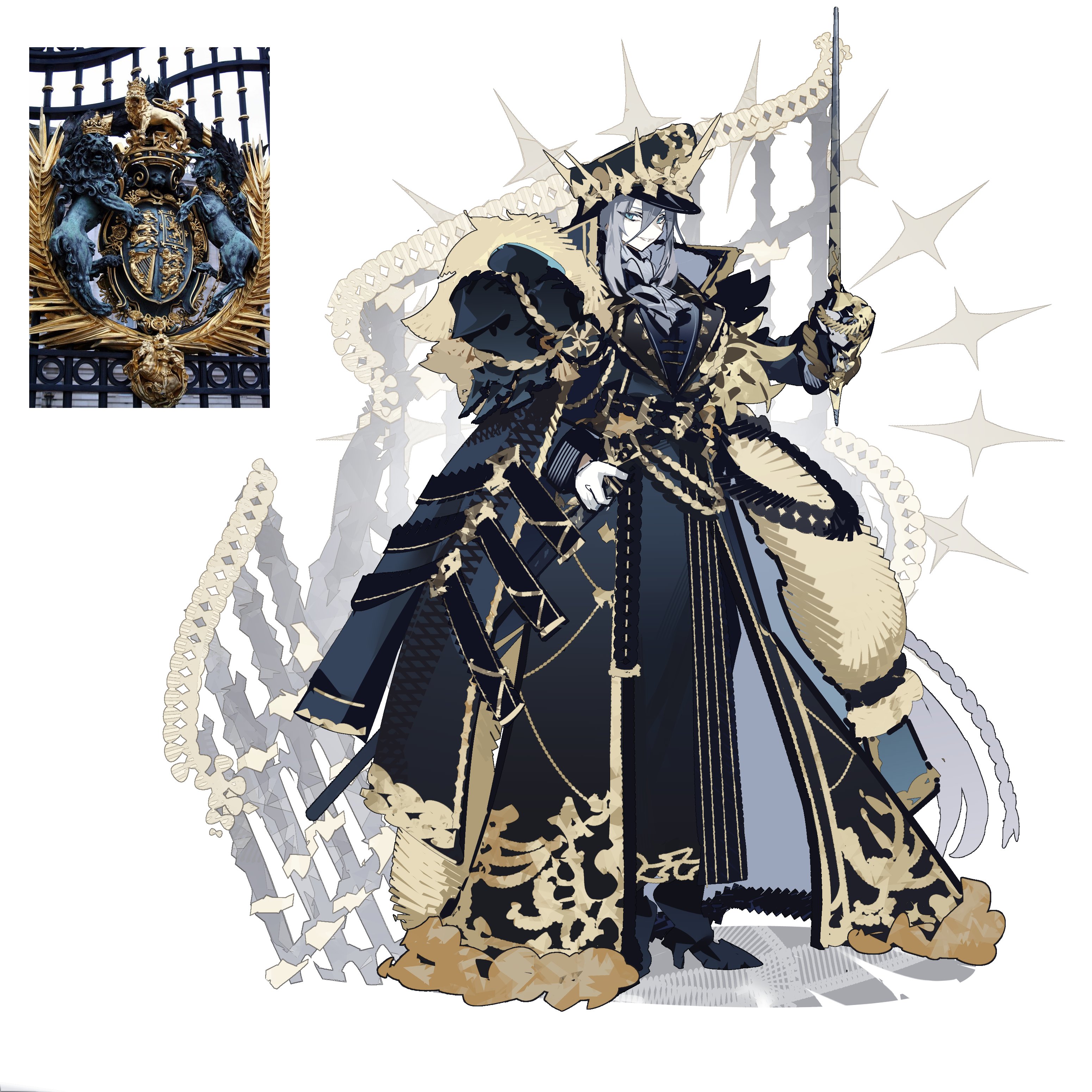 the image showcases a stylized male character concept, possibly for a fantasy game or story. he stands in a confident pose, holding a sword, with a decorative archway behind him. his attire is a striking mix of black and gold, featuring an ornate long coat, elaborate armor, and a feathered crown. the overall aesthetic is dark and regal, with intricate details adding to his imposing presence.