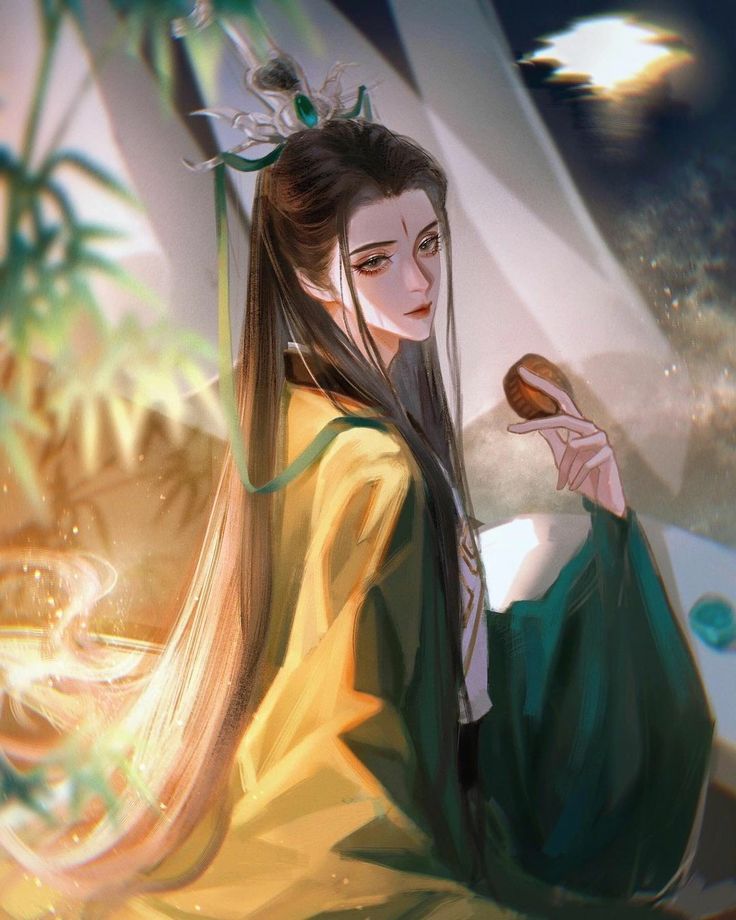 the image is a digital painting or illustration of a young woman, possibly an animestyle character, dressed in elegant and ornate traditional chinese clothing (hanfu). she has long, dark hair and is wearing a yellow and green robe with intricate details. her headdress is adorned with jade or similar green gemstones.  she is holding what appears to be a mooncake, a traditional chinese pastry. the background suggests a mystical or fantasy setting, with soft lighting and blurred elements. the overall style is soft, ethereal, and graceful, emphasizing beauty and serenity. the artwork showcases a high level of detail and skill in rendering fabric and hair textures.