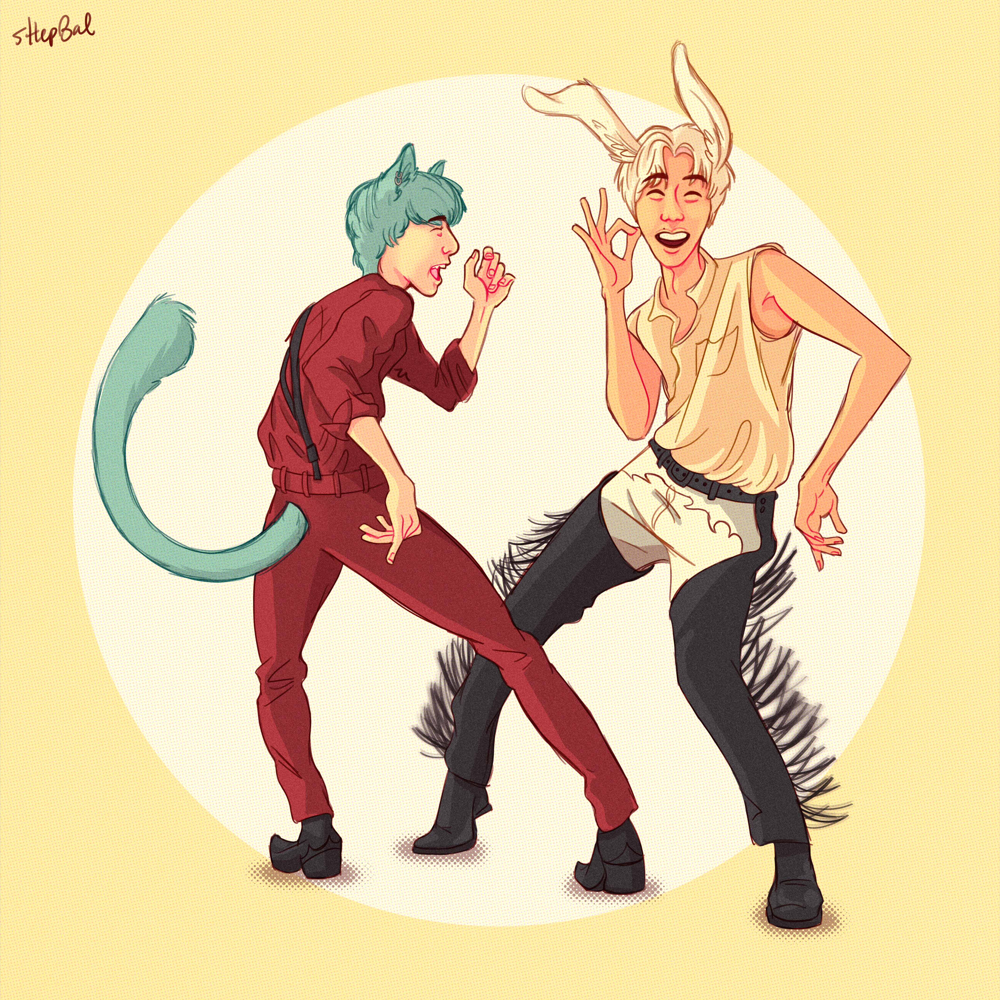the image depicts a stylized illustration of two men, likely kpop idols, dressed in stage costumes and playfully posing.  one figure, with mint green hair and a cat tail, wears a red outfit. the other, with white hair and bunny ears, wears a creamcolored ensemble with  featherlike embellishments on the pants. they are set against a pale yellow background with a large, pale green circle behind them. the overall style is cartoonish and expressive.