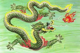 the image is a traditional chinese painting of a green dragon flying in the sky. the dragon is breathing fire, and the flames are orange and yellow. the background is a light green color. the painting is in a traditional chinese style, with bold lines and bright colors.