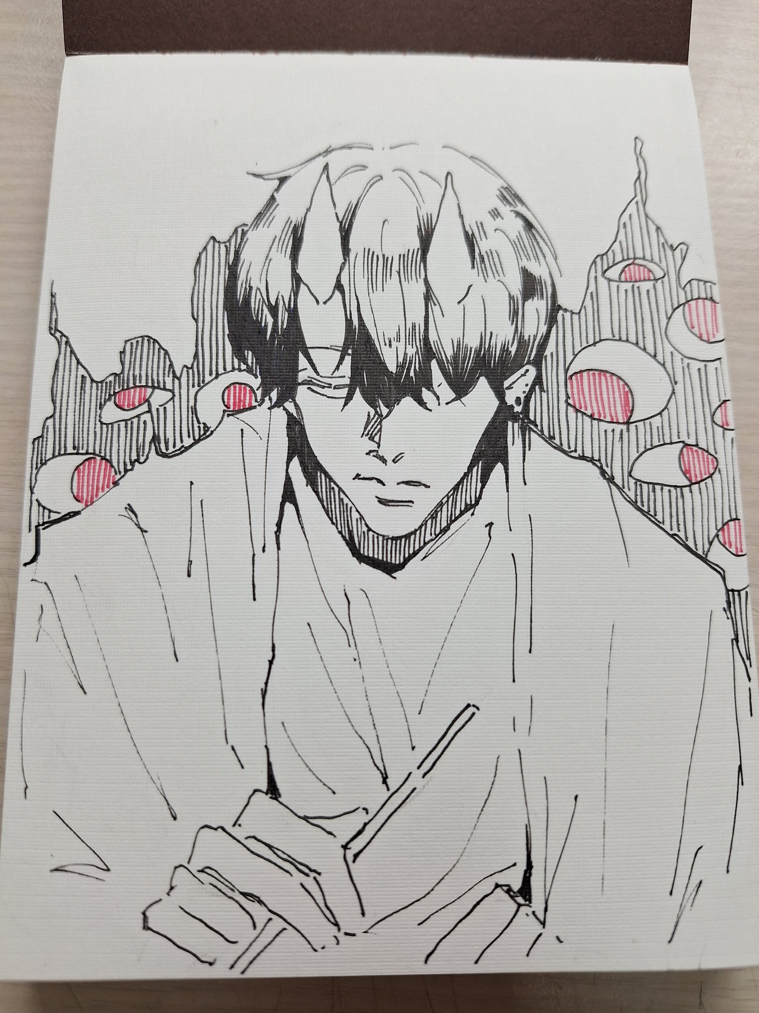 this is a handdrawn illustration of an anime character. the character is a young man with black hair and horns, wearing a jacket. he has a serious expression on his face, and he appears to be surrounded by a menacing aura, possibly symbolized by numerous eyes in the background. the art style is intricate and detailed, featuring precise lines and shading. the overall mood of the image is mysterious, with a hint of unease or fear.