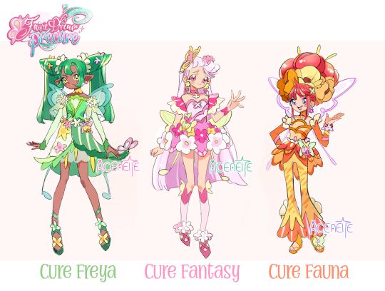 the image features three magical girls from the anime series "fairy dream precure." each girl has a unique color scheme and fairythemed outfit. cure freya is dressed in green and white, cure fantasy is in pink and white, and cure fauna is in orange and yellow. all three girls have beautiful wings and elaborate dresses adorned with floral motifs. they are standing in a pose that suggests they are ready for action and adventure. the background is a simple, white backdrop that allows the girls to stand out and be the focus of the image. the word "aceteite" appears three times on the image, seemingly as a signature or trademark. the image is a visually appealing and heartwarming depiction of these magical girls, capturing the essence of their magical abilities and playful personalities.