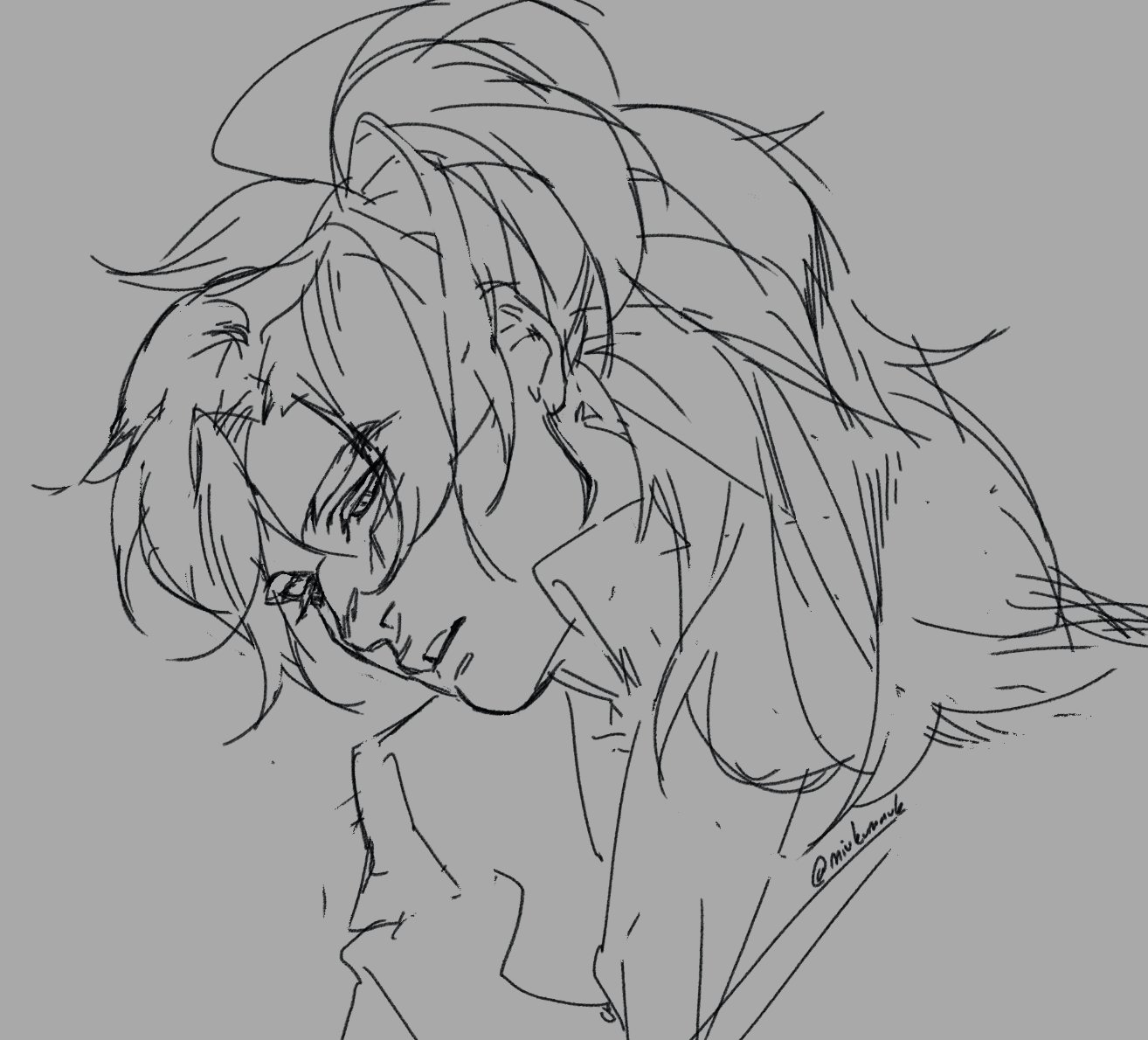 a black and white sketch of an anime girl with long hair, side profile, eyes closed, and wearing glasses. the sketch is done in a loose, expressive style. the girl appears to be thoughtful or sad.