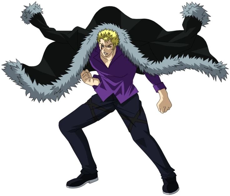 this image features a male anime character with blonde hair, blue eyes, wearing a black cape with white fur trim, a purple shirt, and black pants. he is standing in a fighting pose, with his right leg forward and his left leg back, his arms are raised and his fists clenched. the character is drawn in a stylized anime style with exaggerated features.