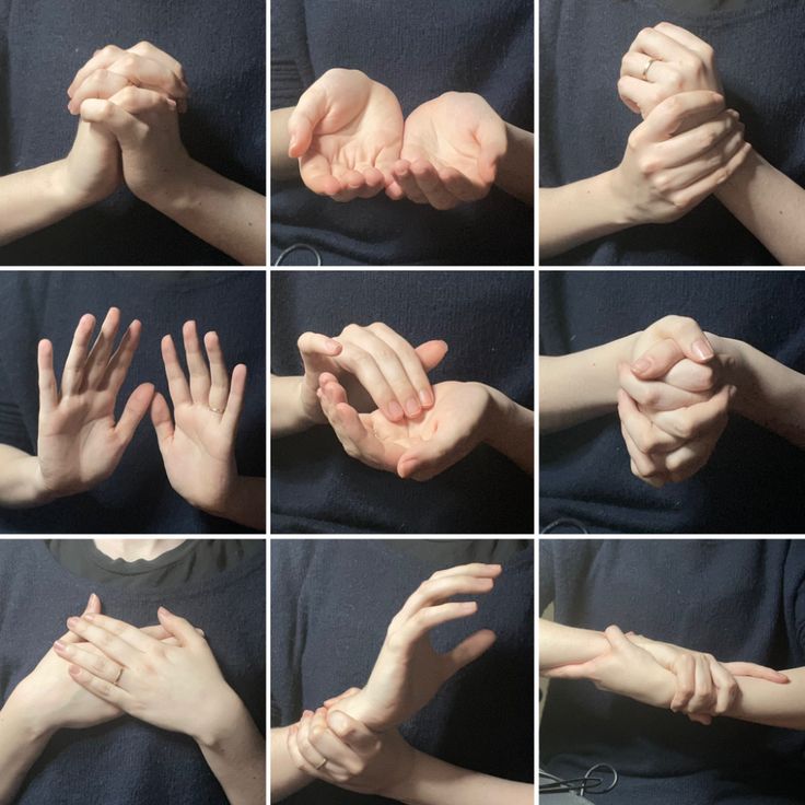 this image shows a collage of different hand gestures and poses, all performed by the same person. the person appears to be sitting in front of a white background while demonstrating various ways to position their hands.