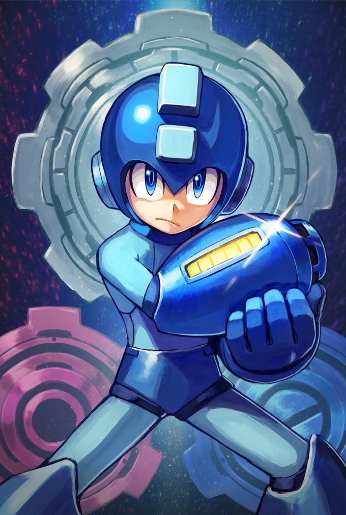 the image shows a vibrant, fullbody portrait of megaman, a classic video game character. he is predominantly blue and possesses a futuristic design, including a helmet and armor. his arm cannon is glowing, and he is standing in front of two gears, one grey and one pink. the background features dark blue with subtle starlike details.