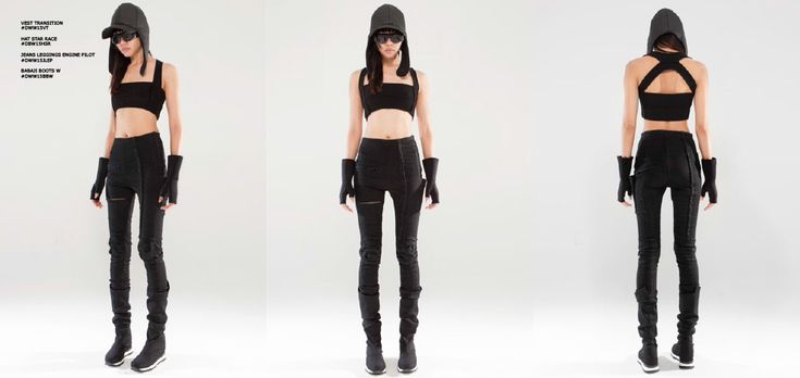 the image features three fashion models, all dressed in black, standing in a studio setting. each model is showcasing a unique outfit. the model on the left is wearing a black crop top with a black leather jacket and pants,  black boots, and black gloves. the model in the middle is wearing a black crop top and a black leather jacket,  black boots, and black gloves. the model on the right is wearing a black crop top,  black pants, black boots, and black gloves.