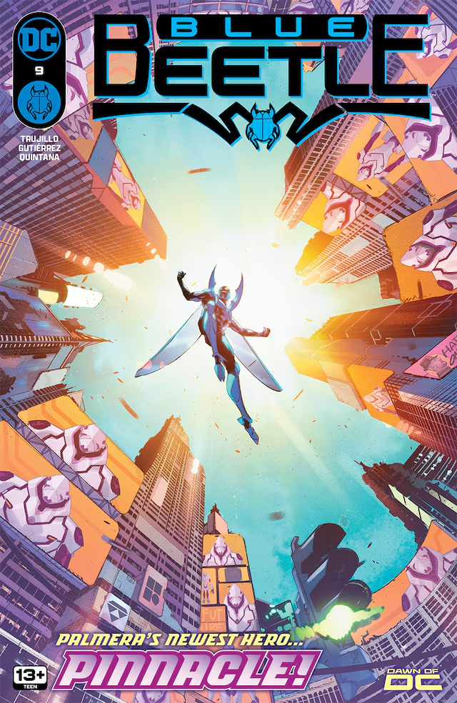 the image is a comic book cover featuring blue beetle, a superhero from dc comics. the cover depicts blue beetle flying upwards against a backdrop of towering skyscrapers and a vibrant city. the perspective is a low angle shot, giving the impression of looking up at the hero from below. the dominant colors are blue, yellow, and orange, creating a bright and energetic atmosphere.