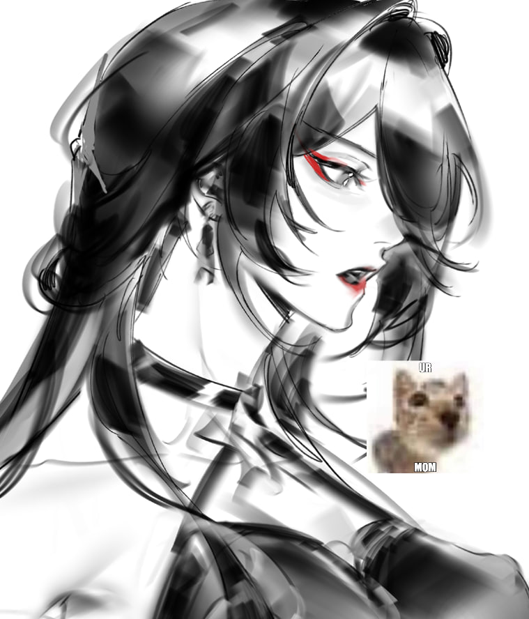 a digital illustration of a woman with long black hair and red lips, her eyes are partially obscured by the shadows of her hair. the art style is sketched and has a manga feel to it. there is a small image of a cat superimposed on the woman's shoulder.