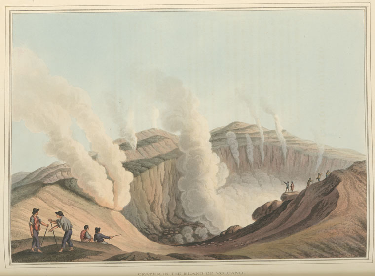 an 18th century drawing of a volcanic crater emitting steam, with people observing the landscape from different vantage points.