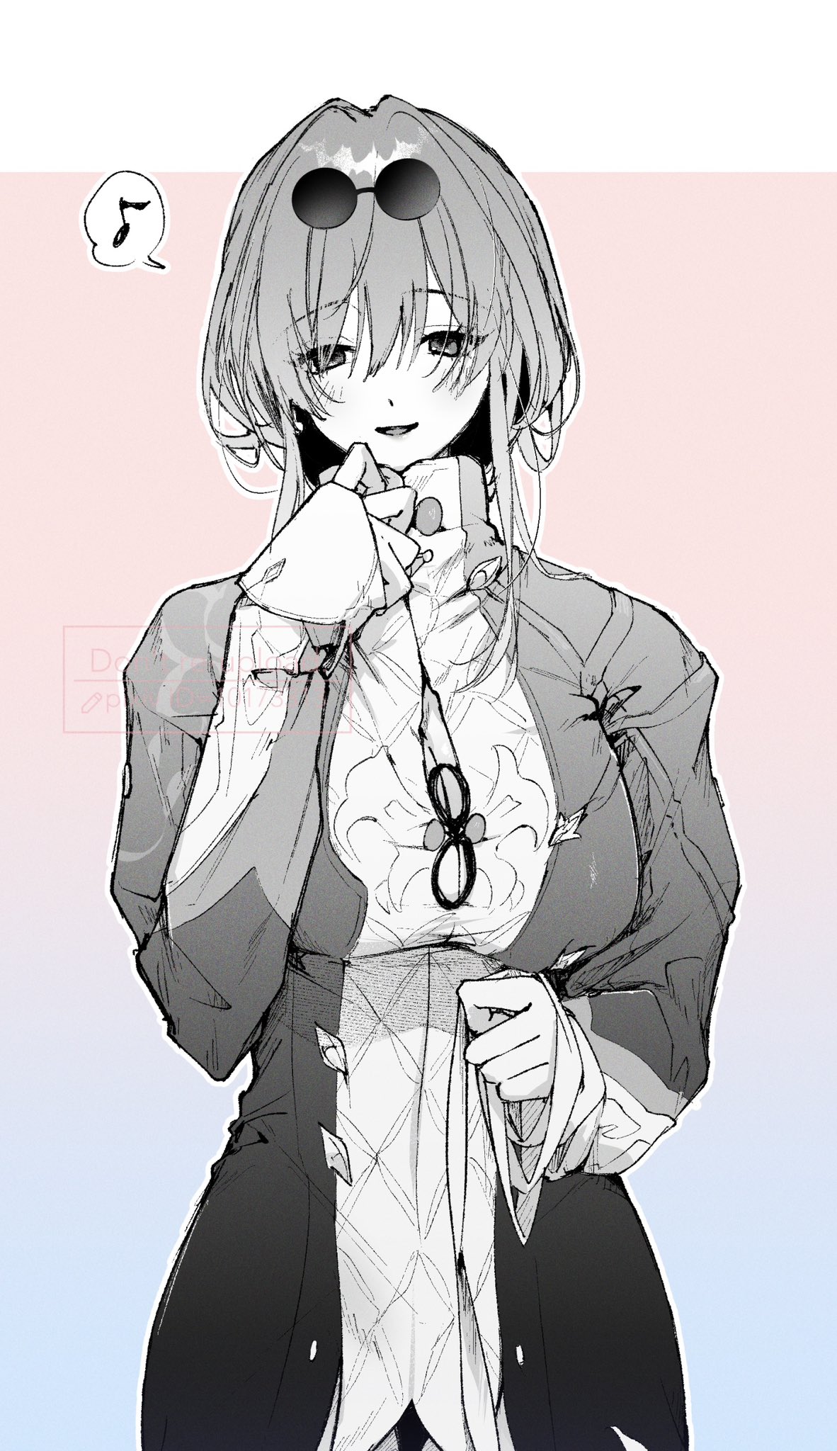 a monochrome drawing of an anime girl with long hair and sunglasses on a pink and blue background. she is wearing a white shirt with a flower pattern and a black jacket. she is smiling slightly while looking at the viewer.