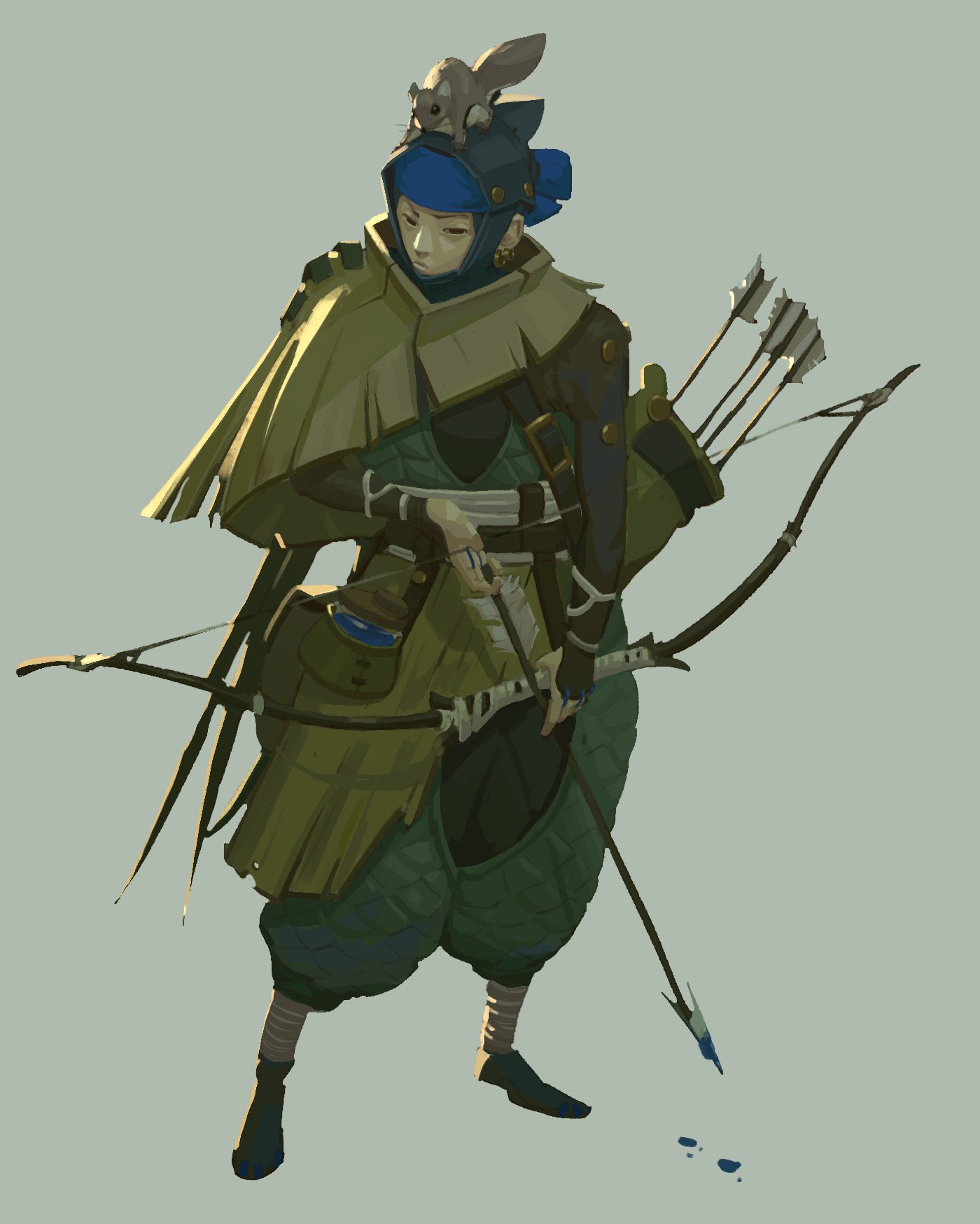 a female archer with a blue hood and green cloak stands ready to shoot. she has a squirrel perched on her helmet and holds a bow and arrow. the image is a digital illustration.