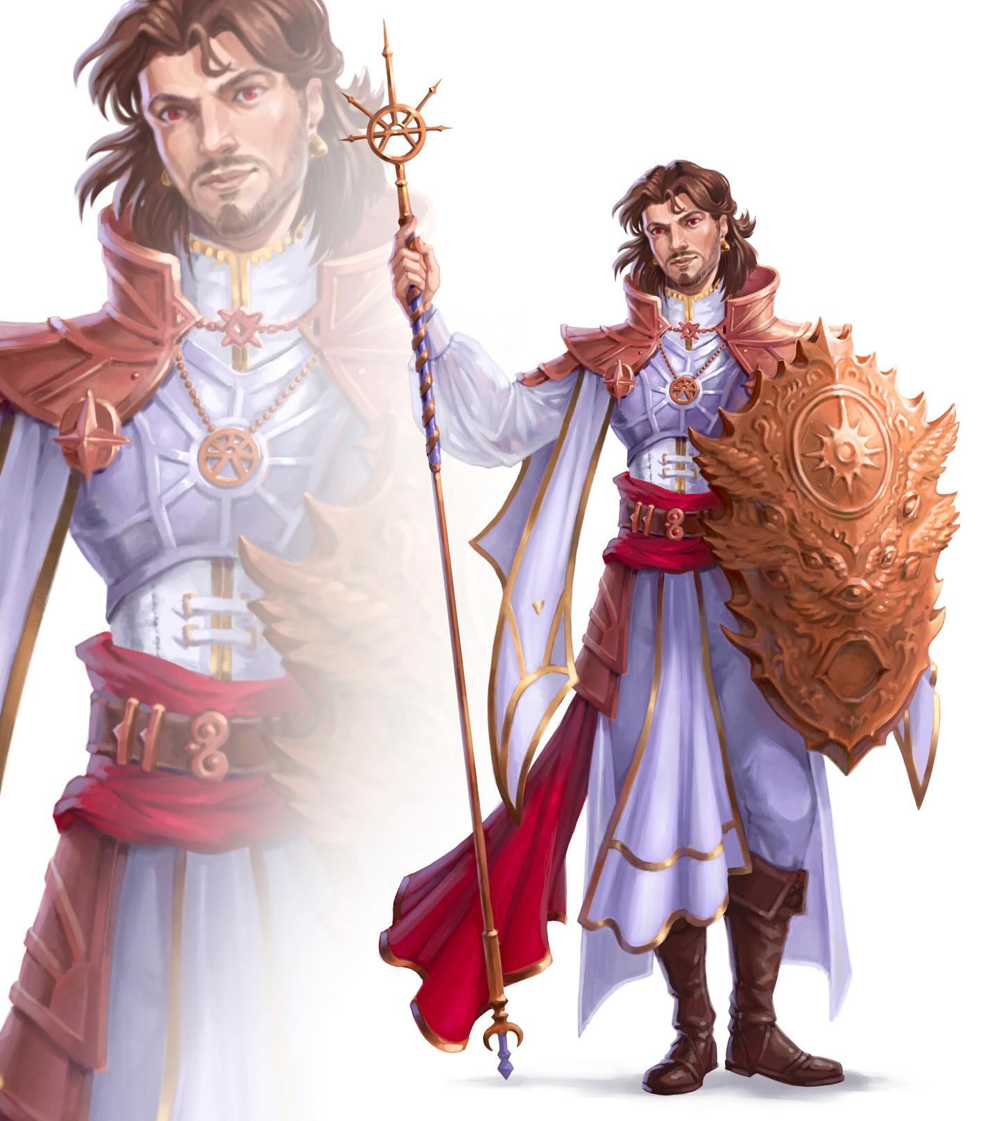 the image showcases a detailed digital painting of a male fantasy character, possibly a paladin, cleric, or holy warrior. he's depicted in a flowing white robe adorned with gold accents and a red sash, carrying a staff topped with a sunlike symbol and holding a large, ornate shield featuring a similar sun motif and what looks like a dragon or griffin head. the character possesses long brown hair and a determined expression. a translucent, slightly faded version of the character is visible in the background, suggesting a character concept design or showcasing different perspectives. the style suggests fantasy roleplaying games or similar artwork. the overall color palette is warm with golds, reds and whites being prominent. the artwork is highly detailed, showing intricate patterns in the clothing and textures in the shield and staff.