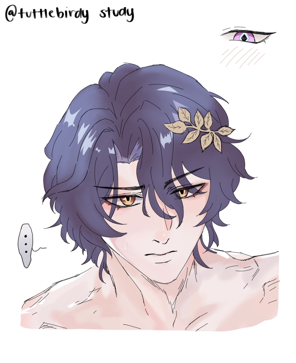 the image showcases a digital drawing of a young male anime character. he has short, dark purple hair styled in a slightly tousled manner. a delicate golden leaf crown adorns his hair. his facial expression is serious and thoughtful, with downcast eyes that hint at a pensive mood. his skin is pale, with a gentle blush visible on his cheeks. the style of the drawing is soft and detailed, with gentle shading and highlighting enhancing the character's features. the background is clean and white, allowing the character to stand out prominently. the image also includes a small detail of an eye drawing in the upper right corner, potentially representing a study or practice sketch related to the character's eye design.  a small speech bubble with three dots is located near the character’s left shoulder, suggesting an unsaid thought or dialogue.  the overall aesthetic is dreamy and artistic, capturing the character's melancholic yet gentle demeanor.