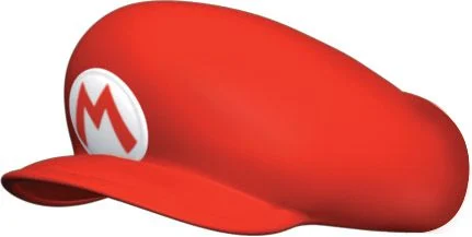 a red and white mario hat. the hat has a large "m" on the front. it is a common costume accessory for fans of the super mario video game series.