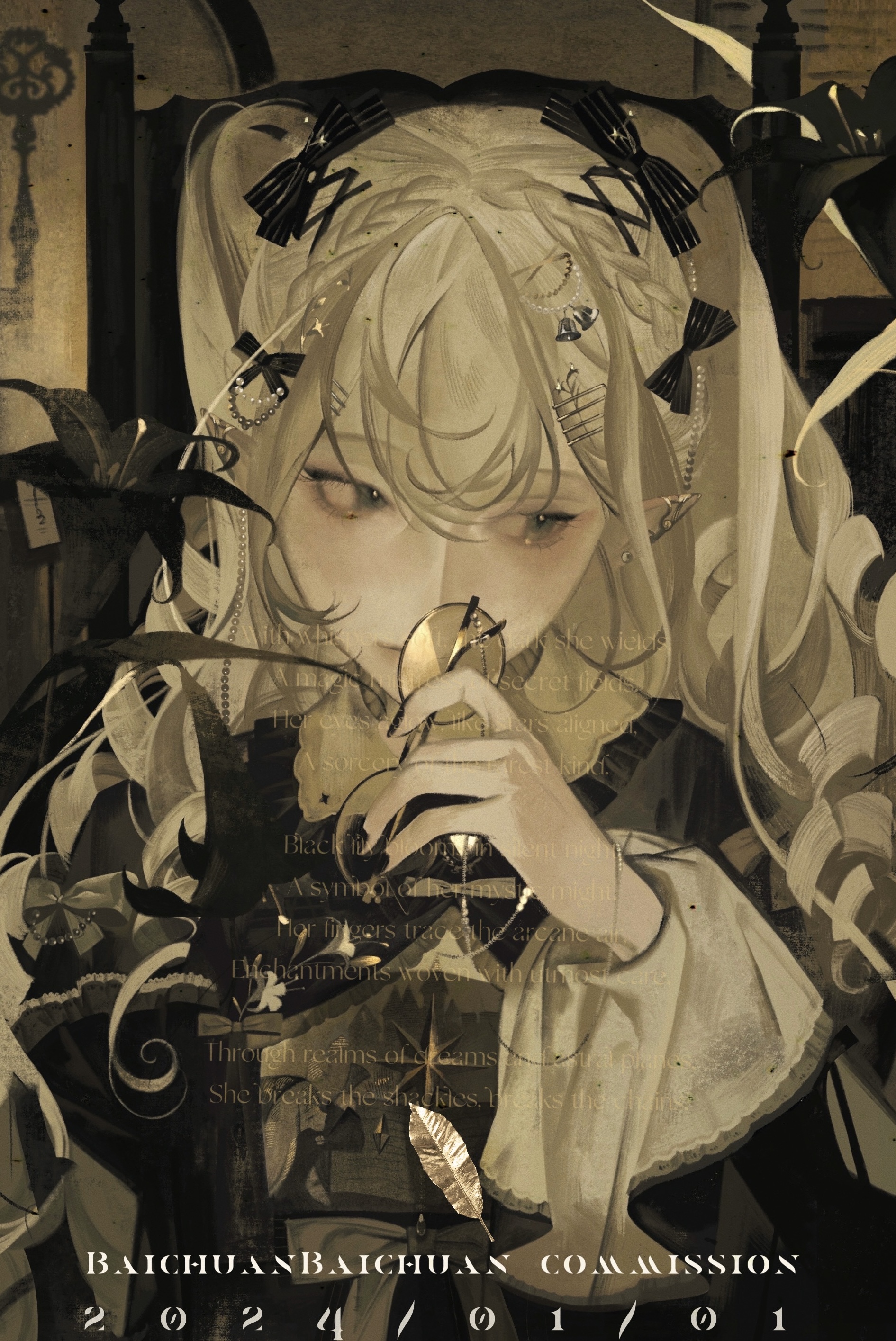 an animestyle image of a beautiful blonde girl in a dark fantasy setting. she is looking down with sad eyes. she is holding a goldcolored object and her expression is melancholy. the overall mood is one of sadness and mystery.