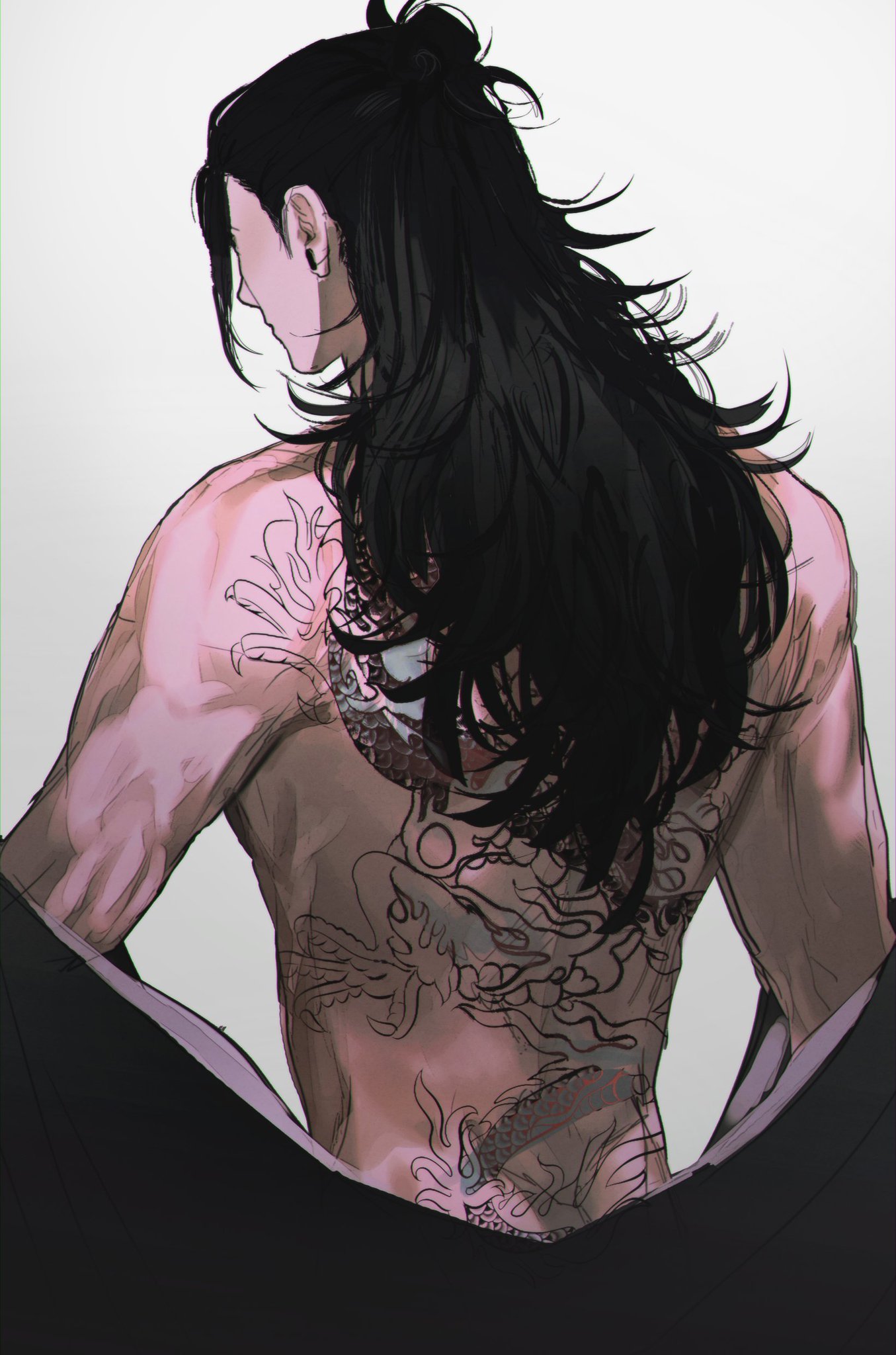 a digital illustration of a shirtless man with a dragon tattoo on his back, long black hair pulled back in a bun, looking away from the viewer, done in a manga style.