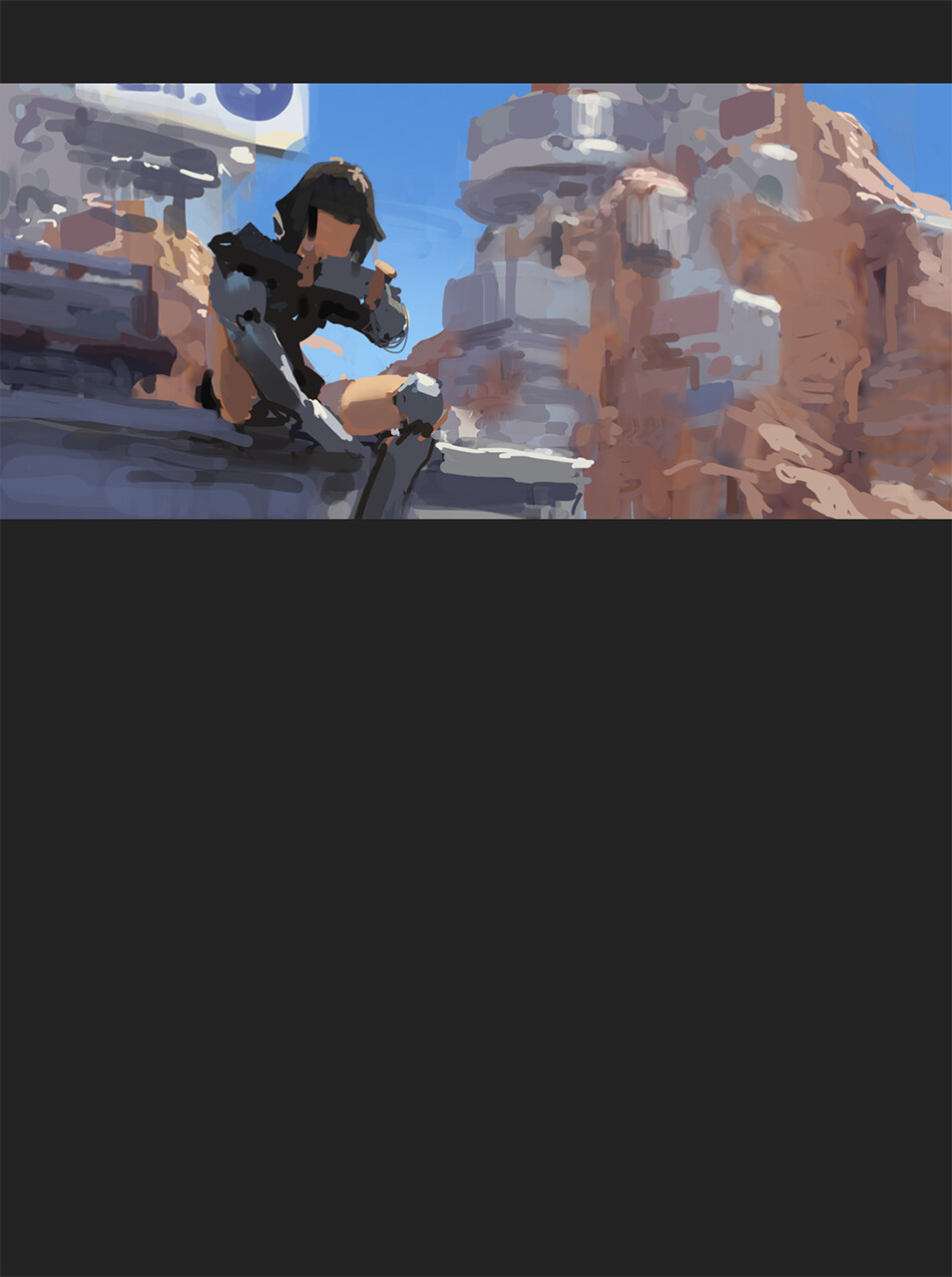 the image is a digital painting in a matte painting style. it depicts a female character with short black hair, dressed in dark, seemingly armored clothing, sitting on a wall or ledge. she appears to be in a contemplative pose, possibly looking down at something in her hands.  the background is a striking futuristic or dystopian scene with partially ruined or decaying buildings that suggest a blend of old and new architecture. the style of the architecture seems both technological and ancient.  the overall color palette is muted with earthy tones from the buildings contrasting against the brighter sky. the painting shows loose and visible brushstrokes, adding to its rough, painterly feel. the atmosphere is somewhat desolate yet intriguing.