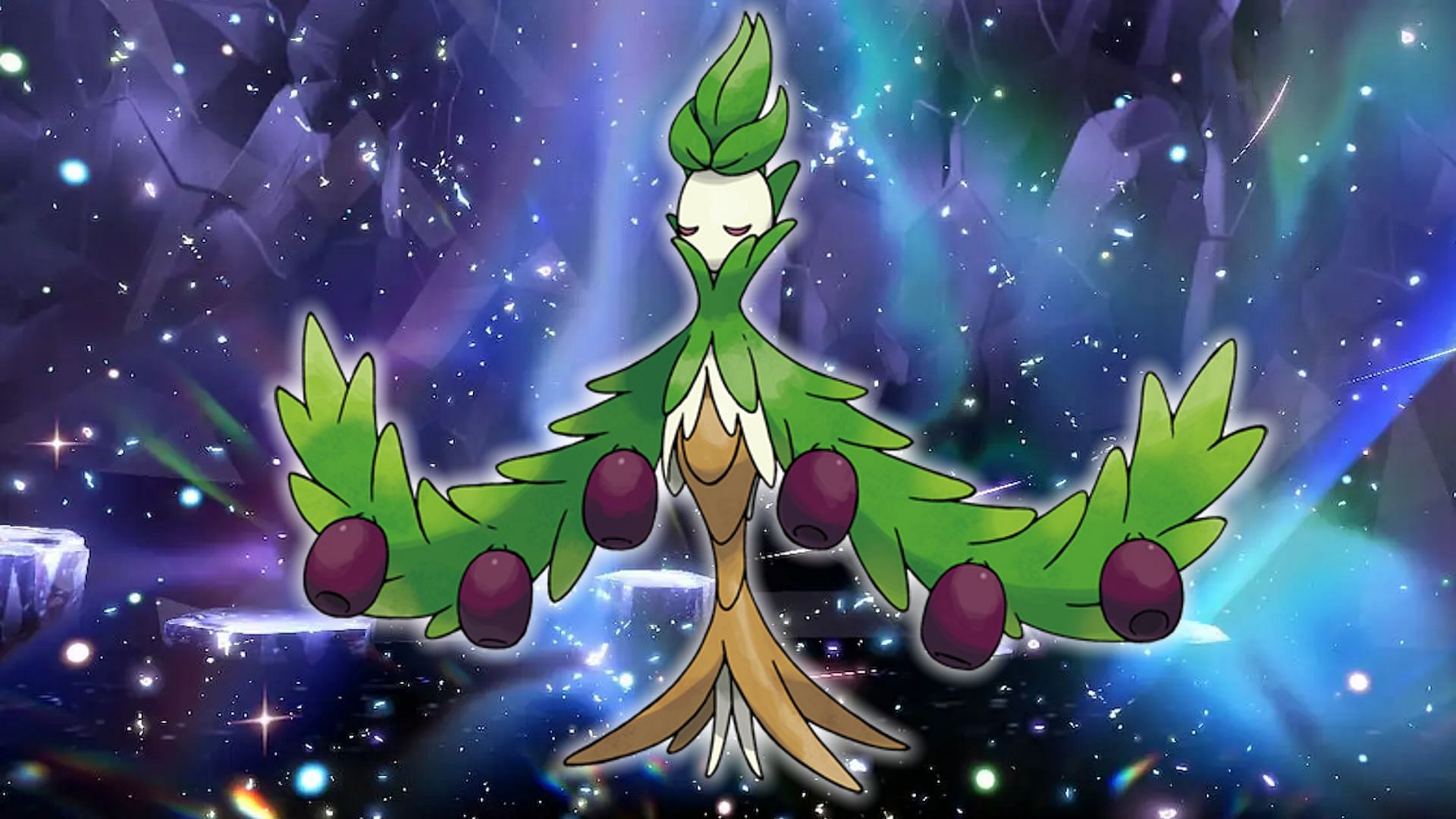 the image showcases a vibrant digital fanart of galarian appletun, a grass/dragontype pokémon from generation viii.  the pokémon is depicted in a stylized manner, with its characteristic green leafy appendages, purple berries, and a lightcolored head. the background is a dynamic cosmic scene featuring swirling nebulas and sparkles, adding a mystical ambiance to the illustration. the overall style is consistent with pokémon artwork, with clear lines and bright colors.