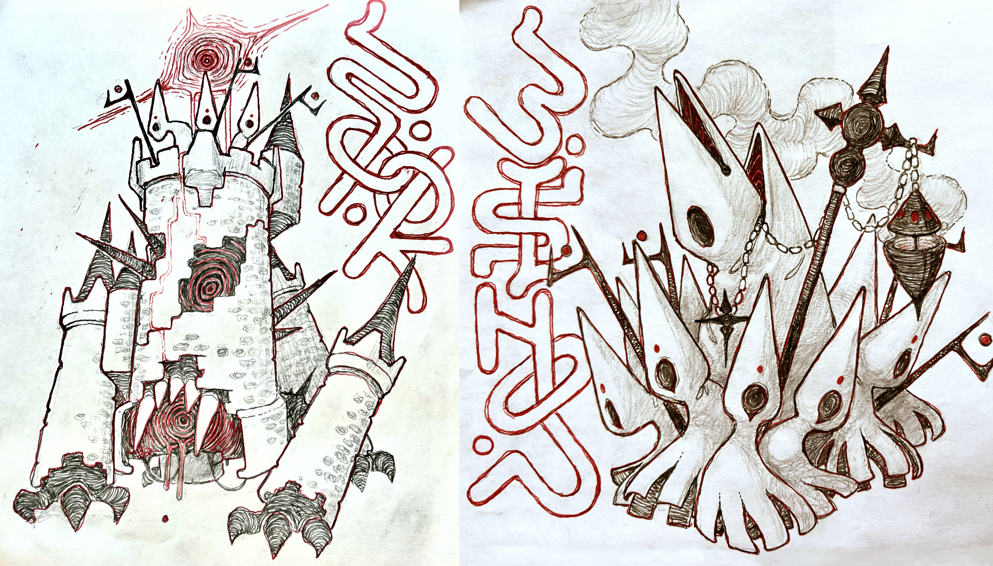 the image shows two drawings. the left drawing features a dilapidated castle under attack. the right drawing shows a group of  bizarre, skeletal monsters with sharp claws and teeth. the drawings are done in a dark and gritty style.