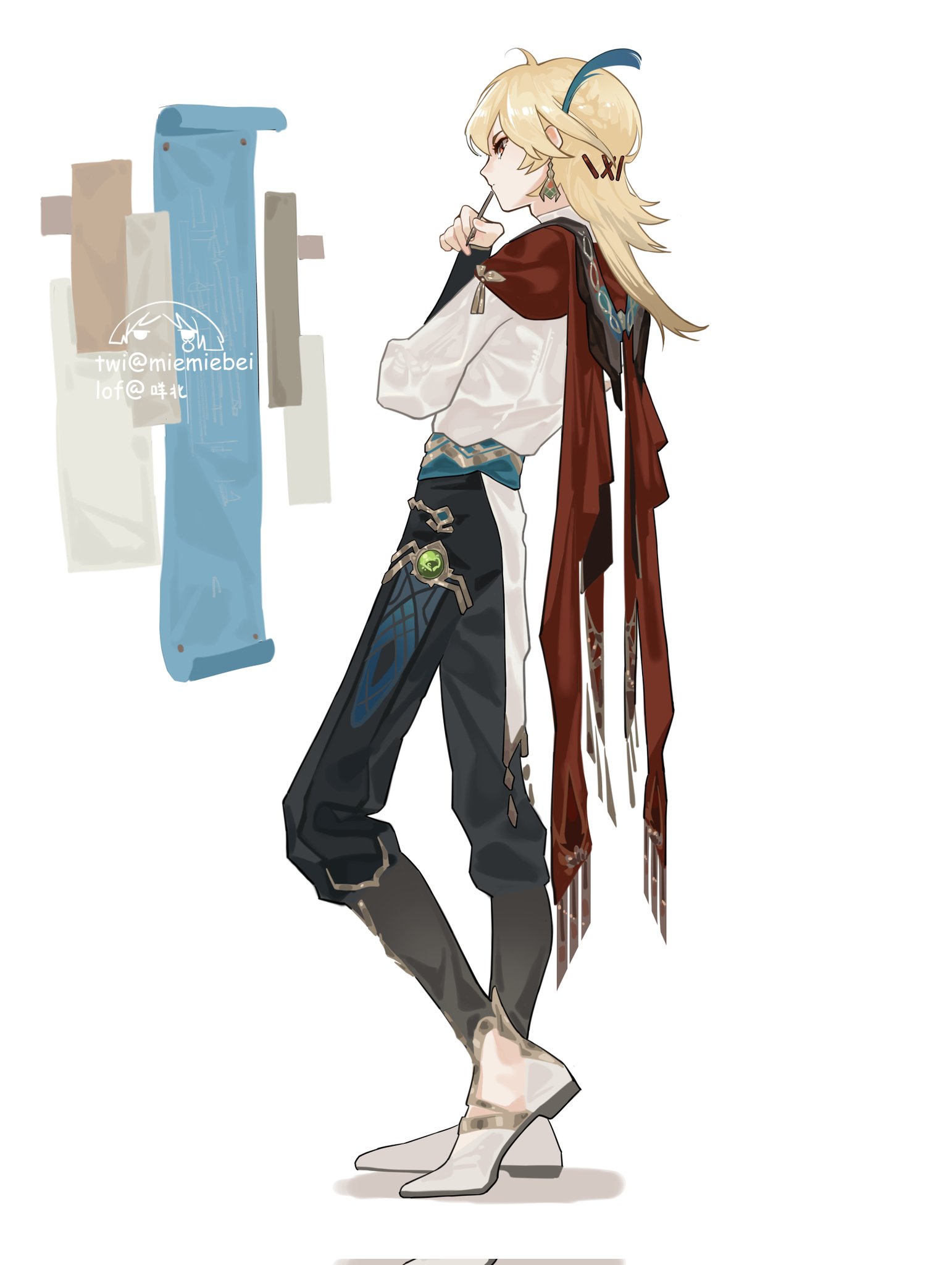 this is a digital art illustration of an anime boy with blond hair and green eyes. he is wearing a white shirt, red scarf, blue pants, and white boots. he is standing in front of a wall with a scroll on it. this is probably a fan art illustration of albedo from genshin impact.