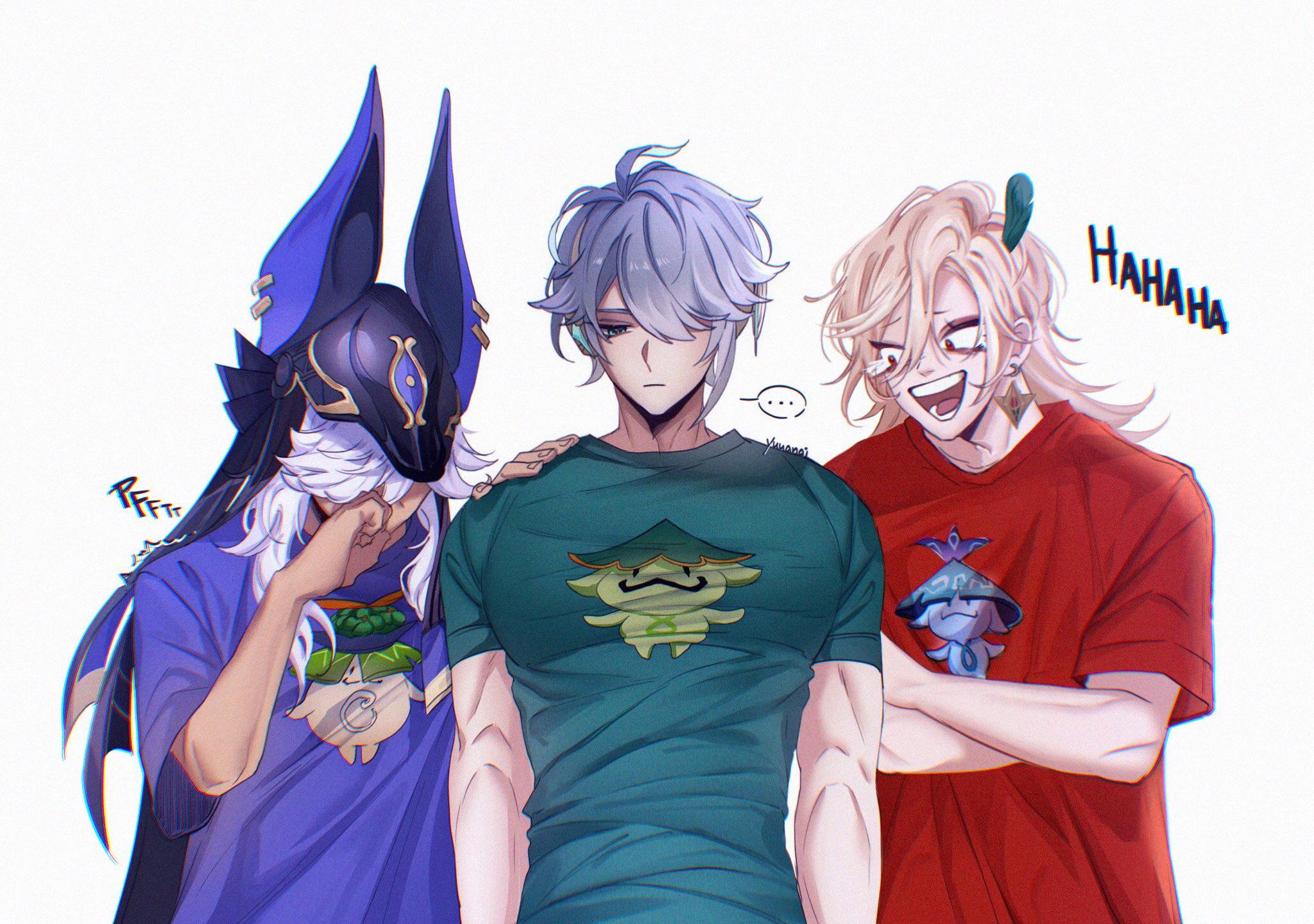 three anime characters are shown in the image.  the character on the left is wearing a purple and blue shirt with a blue and black head band, he appears to be blushing and looking down.  the character in the center is wearing a green shirt with a cartoon on it and appears to be annoyed.  the character on the right is wearing a red shirt and laughing as he looks at the character in the center.