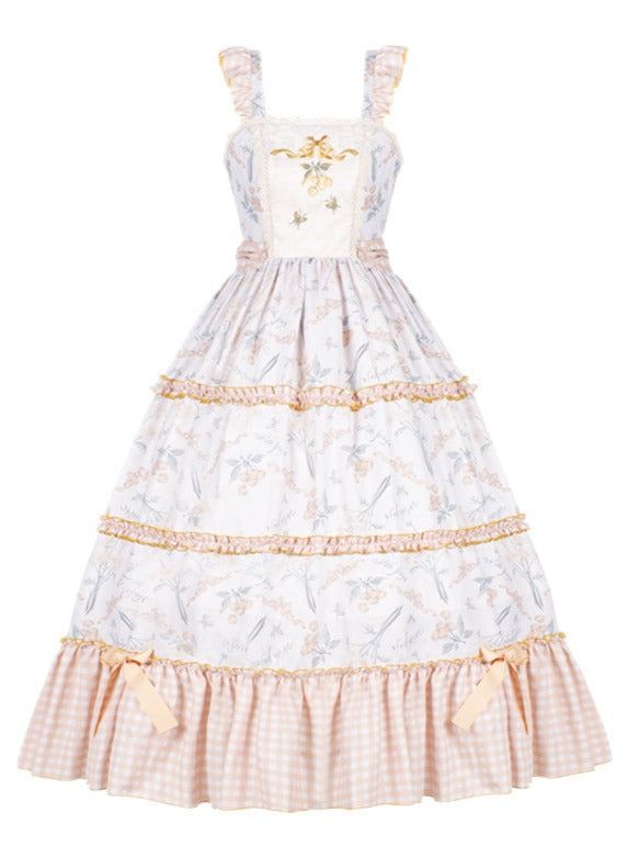a white and pink floral print lolita fashion dress shown on a white background. the dress features a square neckline, ruffle detailing on the skirt, and a bow at the waist.