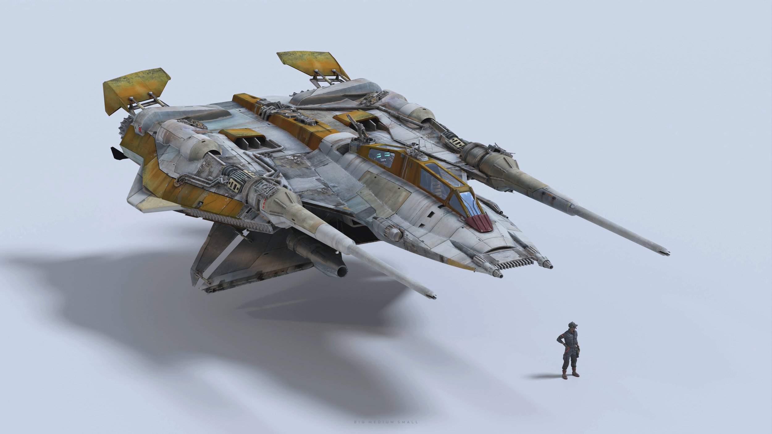 the image is a highquality 3d render of a weathered, futuristic starship. the ship is predominantly white and grey, with accents of yellow and brown, giving it a worn and battlescarred appearance.  the design is complex, with multiple cannons and engines visible. the starship is centrally positioned against a plain, bright white background, casting a shadow below.  a small, scale model of a soldier stands beneath the starship, providing a sense of scale and emphasizing the size of the vessel. the overall aesthetic suggests a scene from a science fiction movie or video game.