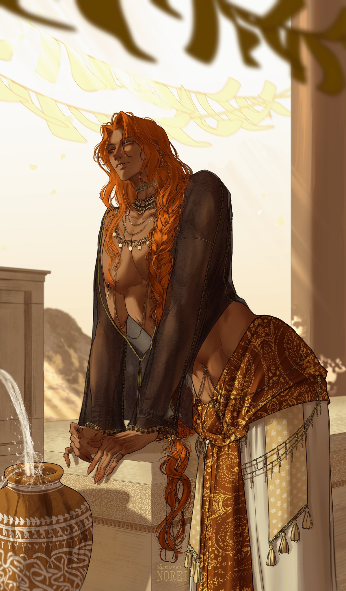 this artwork features a male character with long red hair, dressed in ornate clothing and jewelry. he stands against a stone pillar, leaning his hand on it while gazing towards the light in the distance. there is a flowing fountain behind him, creating a sense of calm and peace. the light and color of the background create a warm and exotic atmosphere. the intricate details of the character's clothing and the overall composition of the artwork create a sense of elegance and majesty.