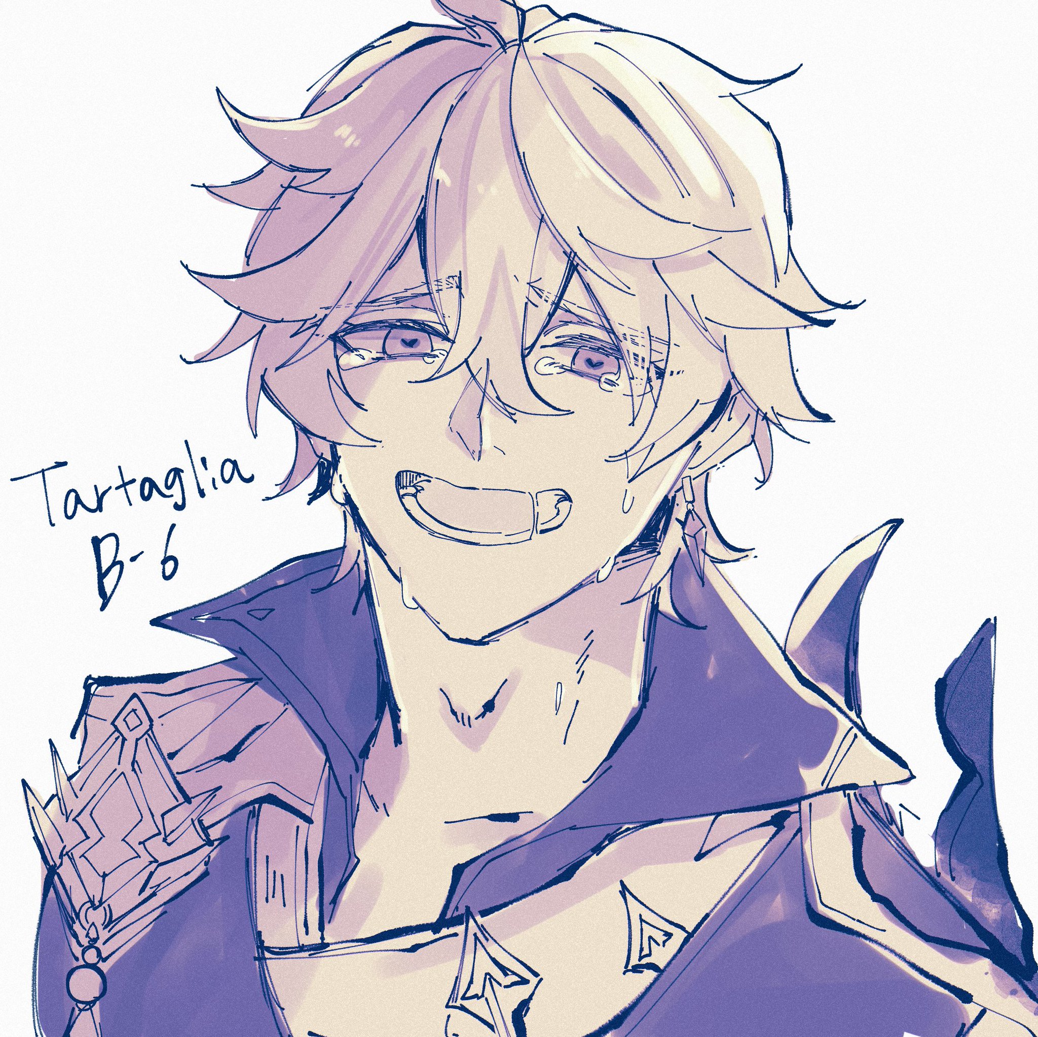 this is a digital illustration of the character tartaglia (childe) from the game genshin impact. he is drawn in a simple style and has a pained expression on his face. he has tears streaming down his face, but is also smiling. he has short white hair, and is wearing a purple and blue outfit with a collar. the background is white.