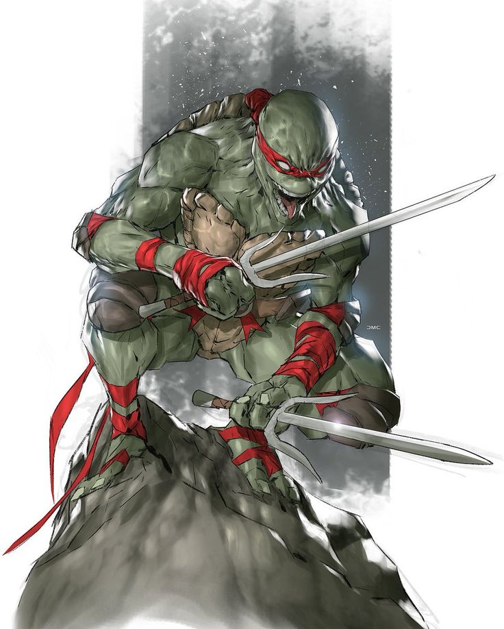 a digital illustration of leonardo, one of the teenage mutant ninja turtles, in a dynamic pose, gripping his twin sai weapons. the image is rendered in a comic book style, with dramatic lighting and action lines. the background is a blurred, grainy texture that evokes the look of an old comic book.