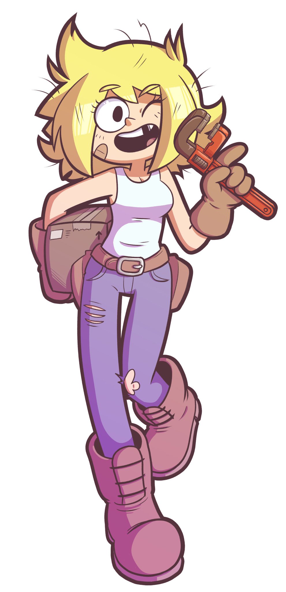 a cartoon girl with blonde hair wearing a white tank top, blue jeans, pink boots and brown gloves is smiling cheerfully while holding a wrench and a package.
