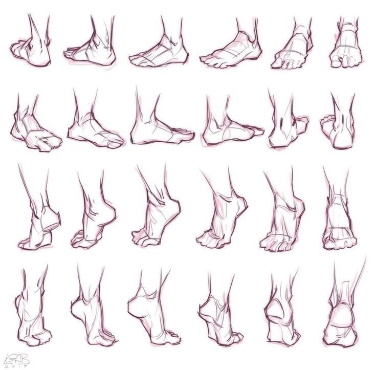 a drawing of 24 different views of a foot and ankle. they're all drawn in a loose, sketchy style with visible lines.