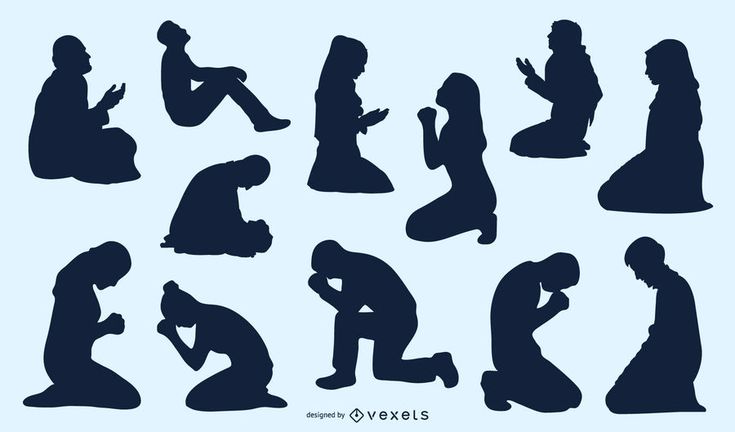 the image contains a collection of 10 different silhouettes of people kneeling and bowing in prayer. they are all facing the same direction, suggesting they are praying to the same deity. the silhouettes are black and set against a light blue background. the image is a powerful visual representation of faith and devotion.