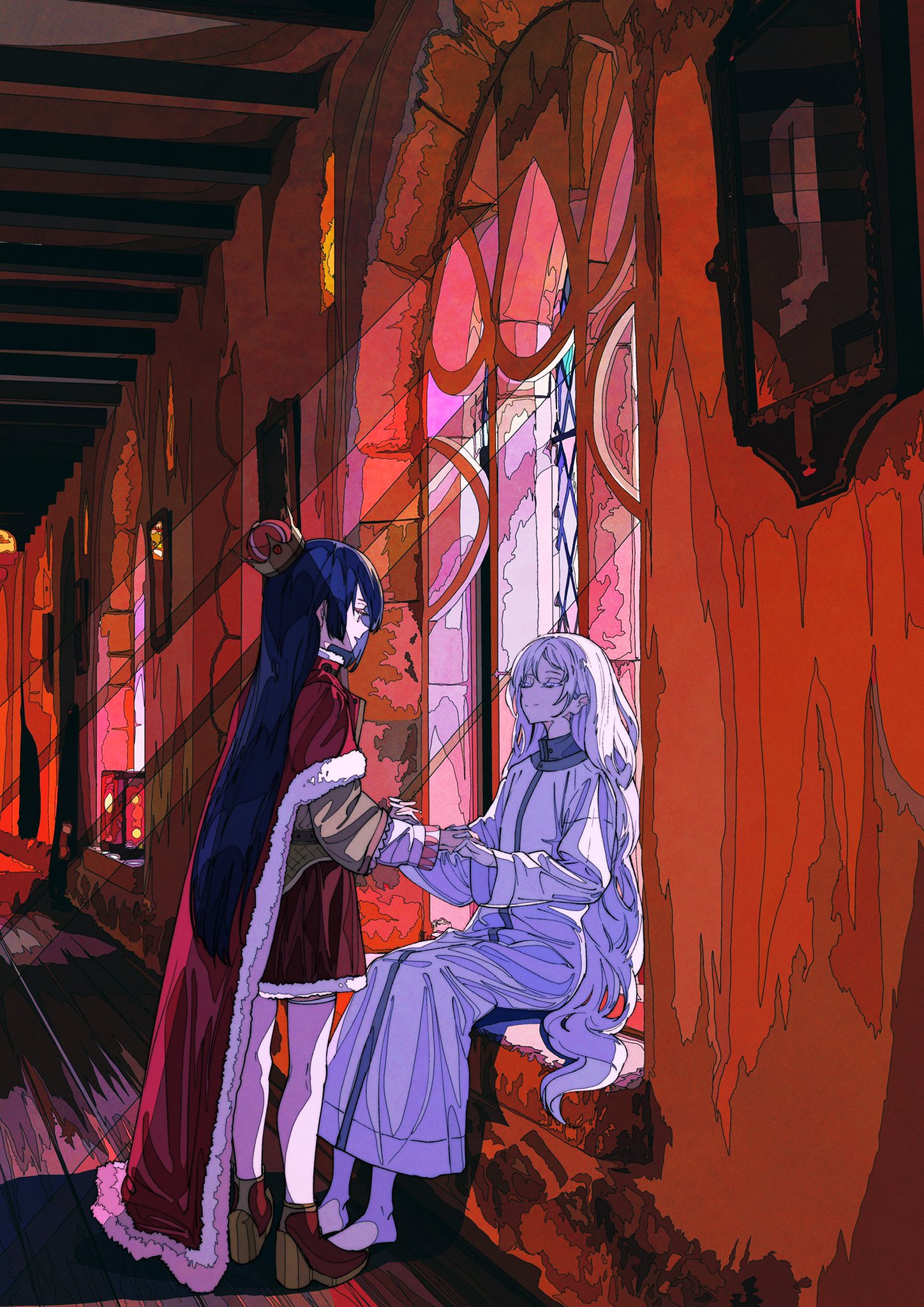 he artwork presents two animestyle girls in a fantasy setting. one, with long dark hair and a red robe adorned with a crown, appears regal. the other, with long white hair, wears a simple white robe.  they are seated by a large, gothicstyle window in a redhued corridor within a castlelike structure. the girls are holding hands, suggesting a close relationship. the artwork utilizes vibrant colors and stylistic shading to create a sense of depth and atmosphere. the overall mood is mysterious and slightly melancholic, hinting at a story or narrative. the style is reminiscent of digital painting or illustration.