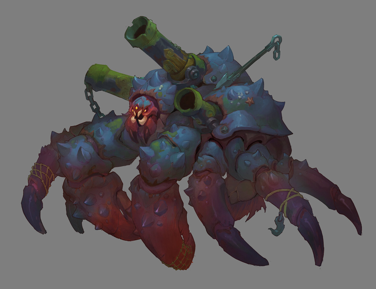 the image is a digital painting of a fantastical giant crablike creature.  the creature is heavily armored, with a dark blue and purple carapace studded with spikes. it has large, powerful claws and carries a makeshift cannon mounted on its back, held in place by chains. the cannon appears rusty and weathered, giving the creature a steampunk or nautical feel.  the crab also has various bits of rope, netting, and other nautical paraphernalia attached to its body.  the lighting suggests bioluminescence or an inner glow emanating from parts of the creature.  the overall style suggests concept art for a video game or fantasy illustration.