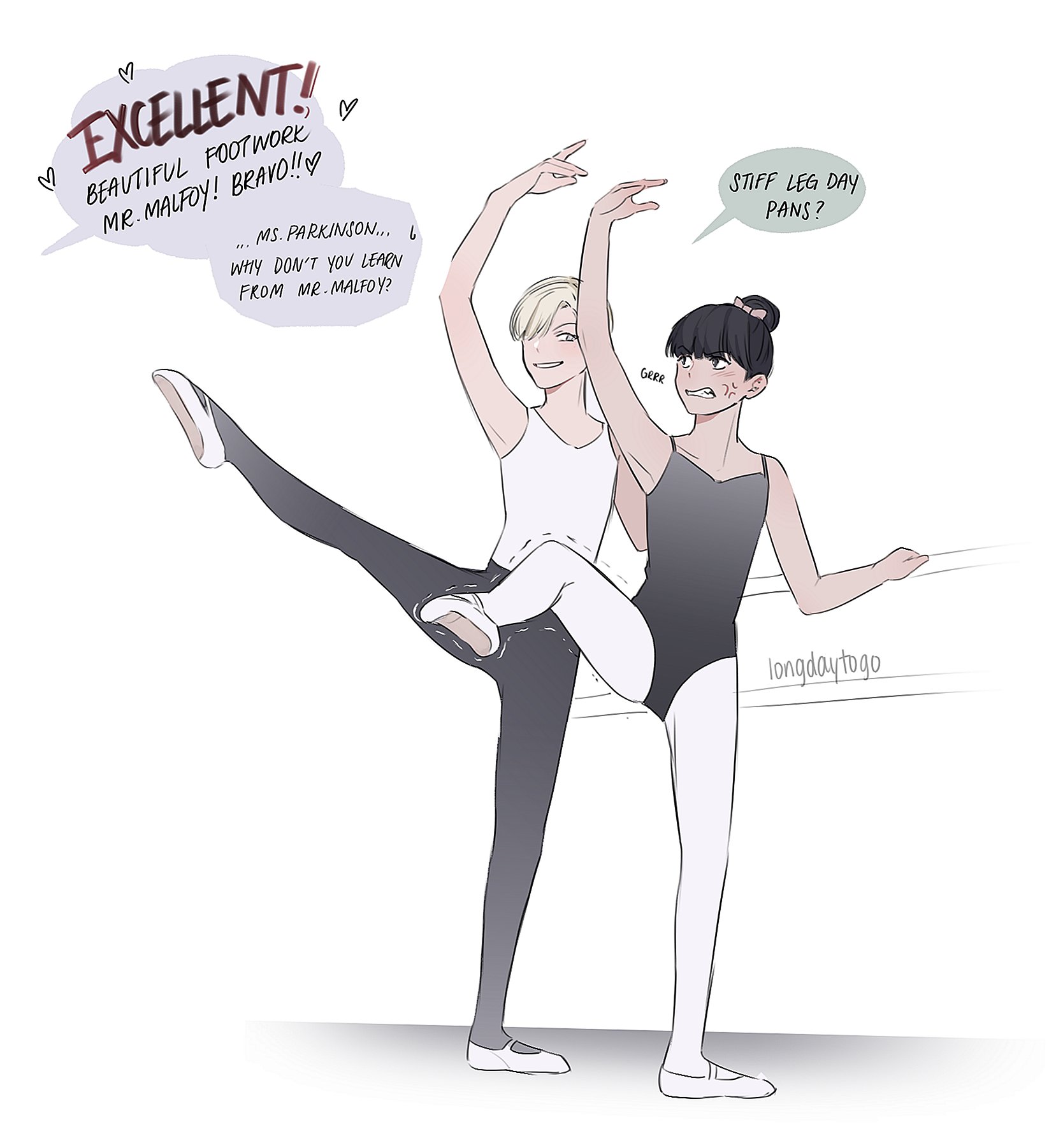 the image is a cartoon illustration depicting two ballet dancers, one male and one female, practicing at a barre.  the male dancer is expertly demonstrating a leg extension, receiving praise in a speech bubble ("excellent! beautiful footwork mr. malfoy! bravo!!"). the female dancer, seemingly struggling, is depicted with a speech bubble suggesting she's experiencing difficulty ("stiff leg day pants?"). another speech bubble shows a commentary suggesting the female dancer should learn from the male dancer ("ms. parkinson...why don't you learn from mr. malfoy?"). the style is light and humorous, suggesting a playful rivalry or mentorship between the two characters. the art style is clean and simple, with soft lines and muted colors.  the scene is set in a ballet studio with a barre visible in the background.  the illustration has a fan art aesthetic, possibly referencing the characters draco malfoy (harry potter series) and another character.